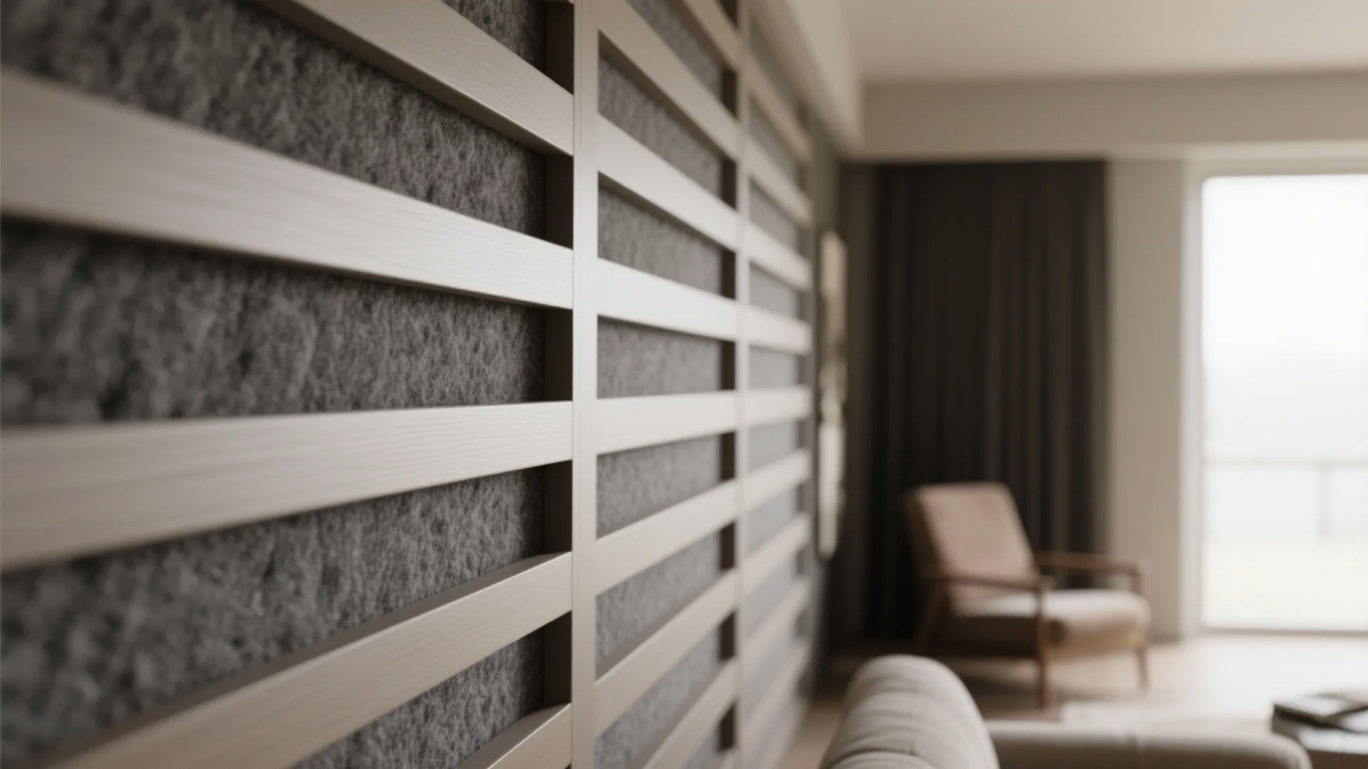 Close-up of wooden wall panel stripes over grey textured material in a modern living room