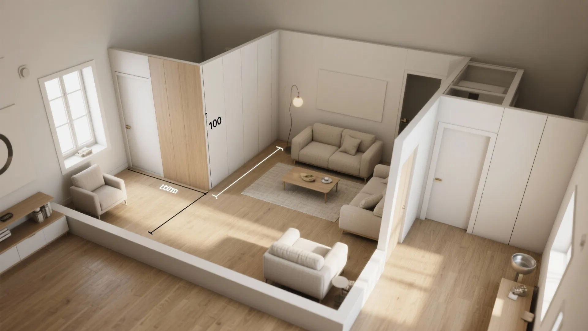 Interior design drawing showing top down room layout with sofas coffee table and floor lamp