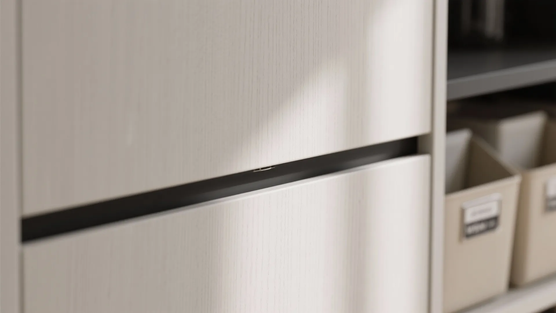 Close up of modern white wood grain cabinet drawers with black handles and storage boxes