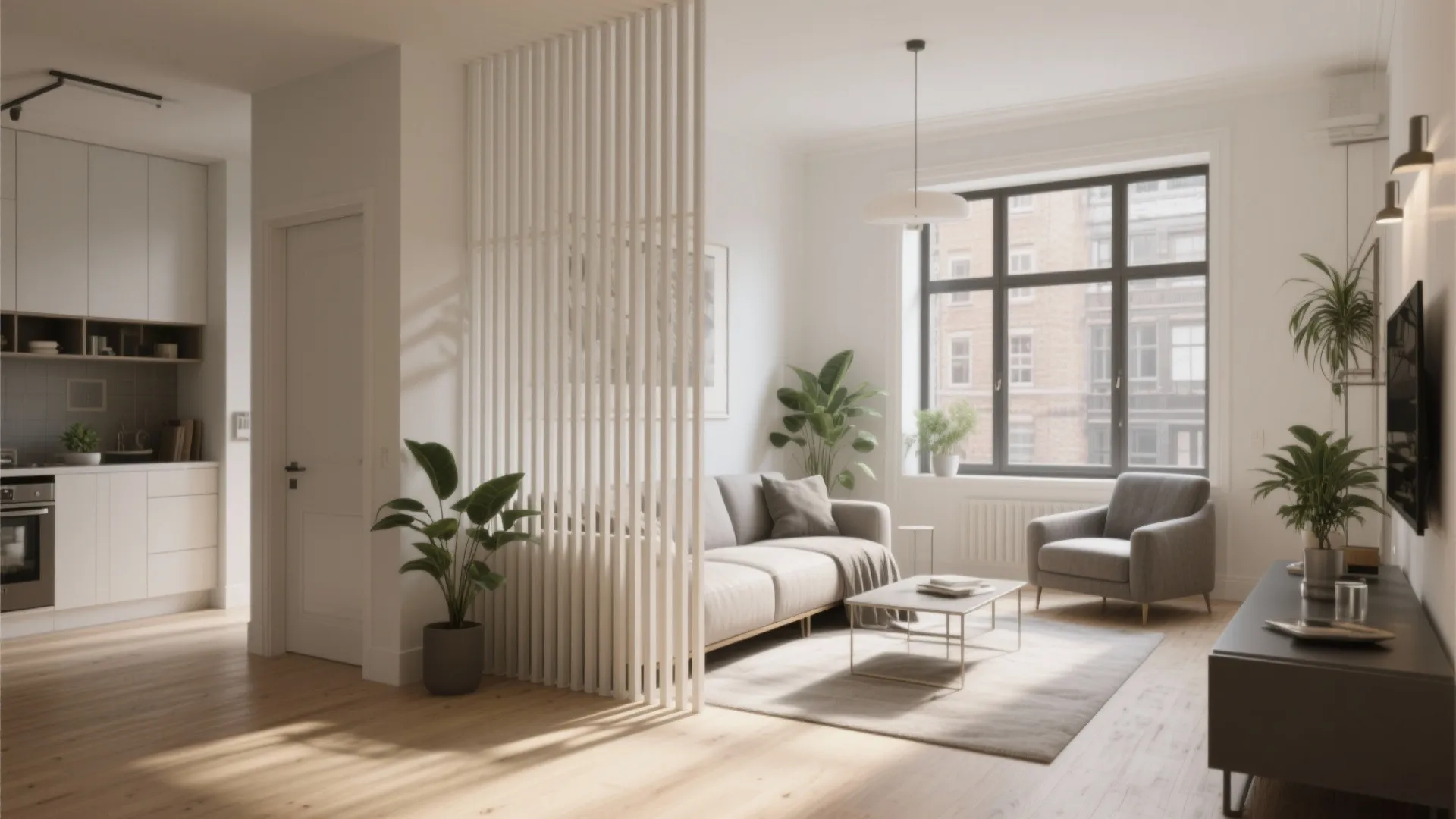 Modern living room with beige sofa white room divider wooden floor green plants and natural light