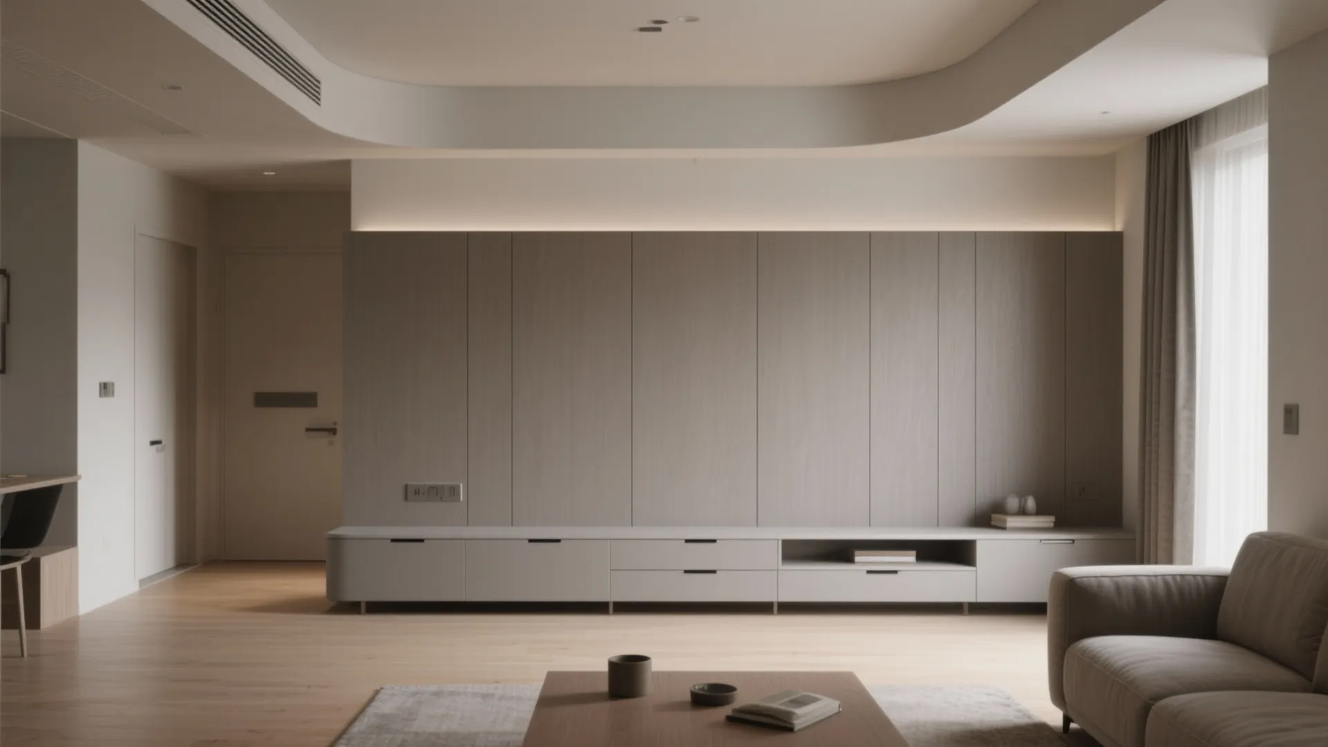Modern living room featuring a long grey storage cabinet below a large light wood wall