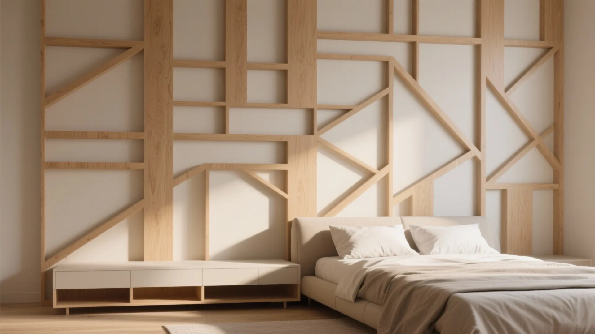 Modern bedroom with wooden wall panel design and white bed beside a long low cabinet