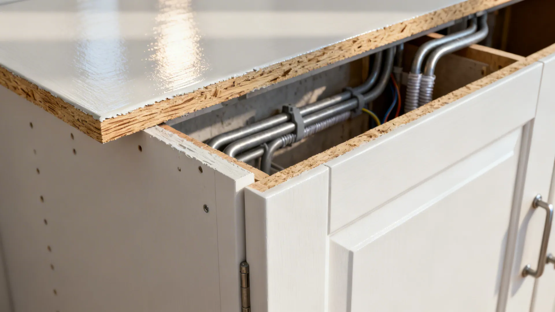 Close-up of painted MDF semi-gloss finish and conduit detail behind a cabinet.