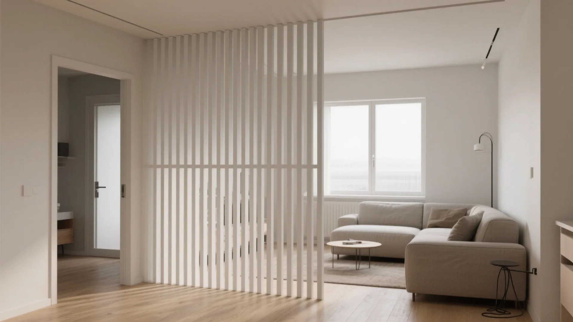 White vertical wood slat room divider separating an entryway from a bright modern living room
