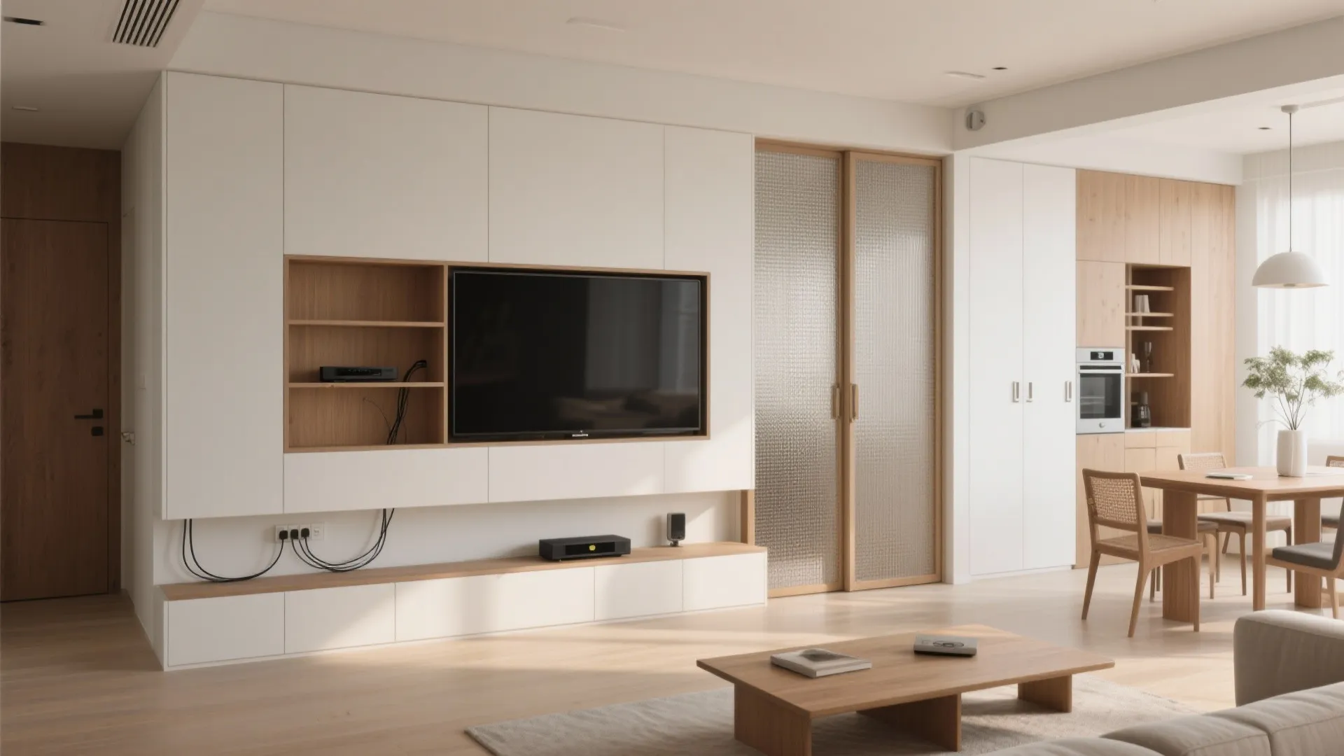 Modern white wall cabinet with television wooden shelves dining table and glass sliding door background
