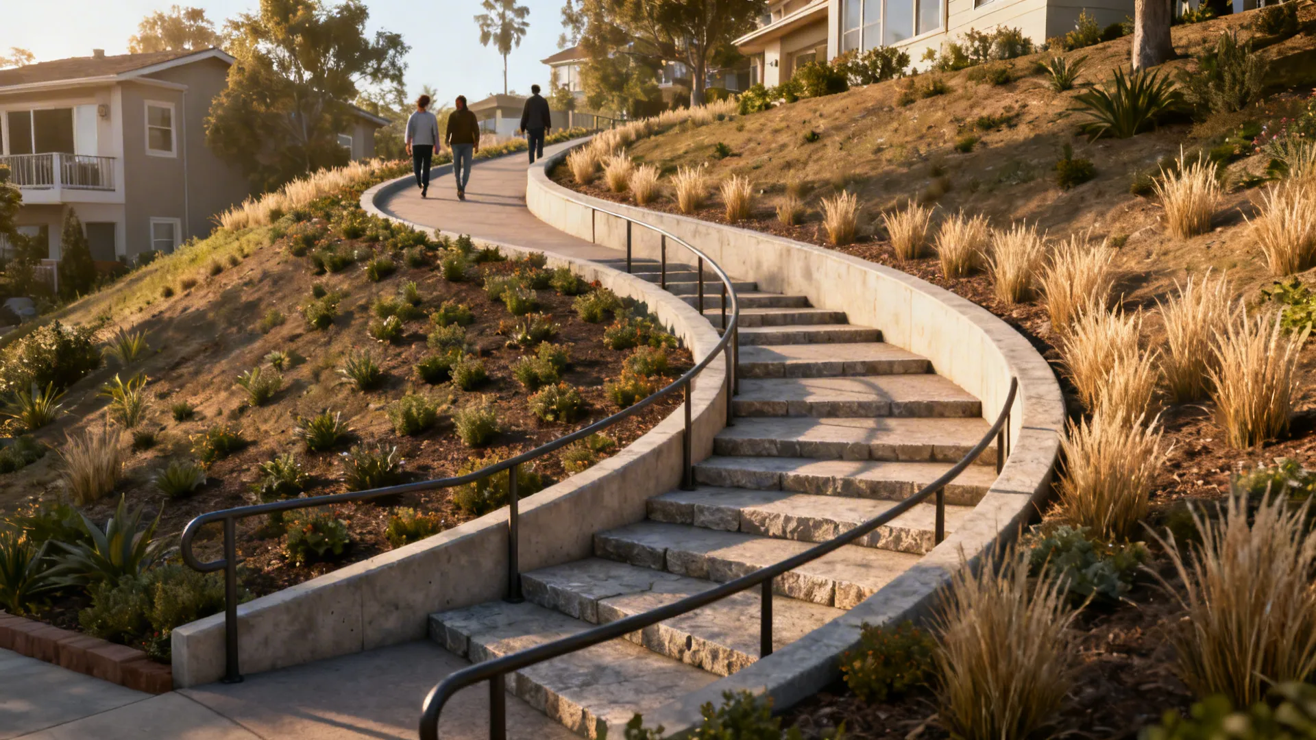 Switchback path with shallow stone steps and ornamental grasses easing a steep front yard.