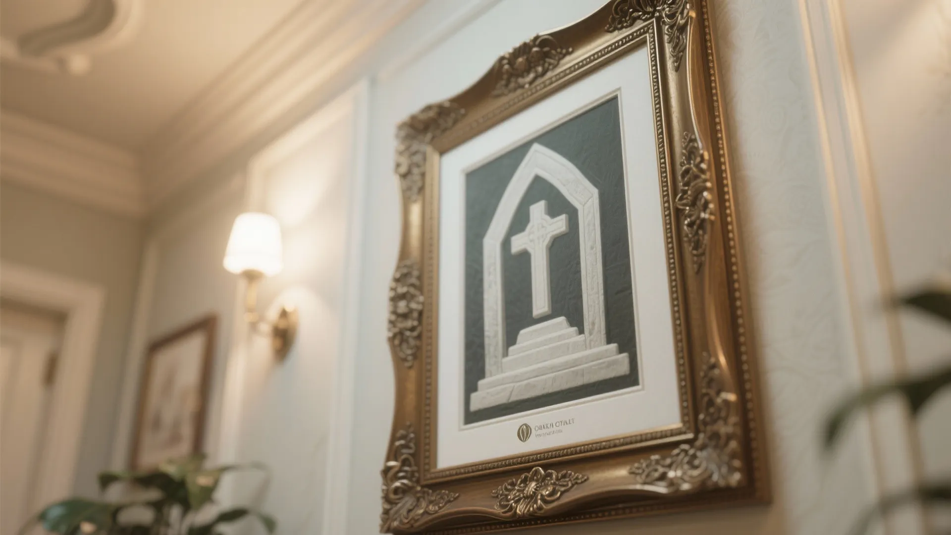 Classic gold picture frame on a white wall featuring a cross design and wall light