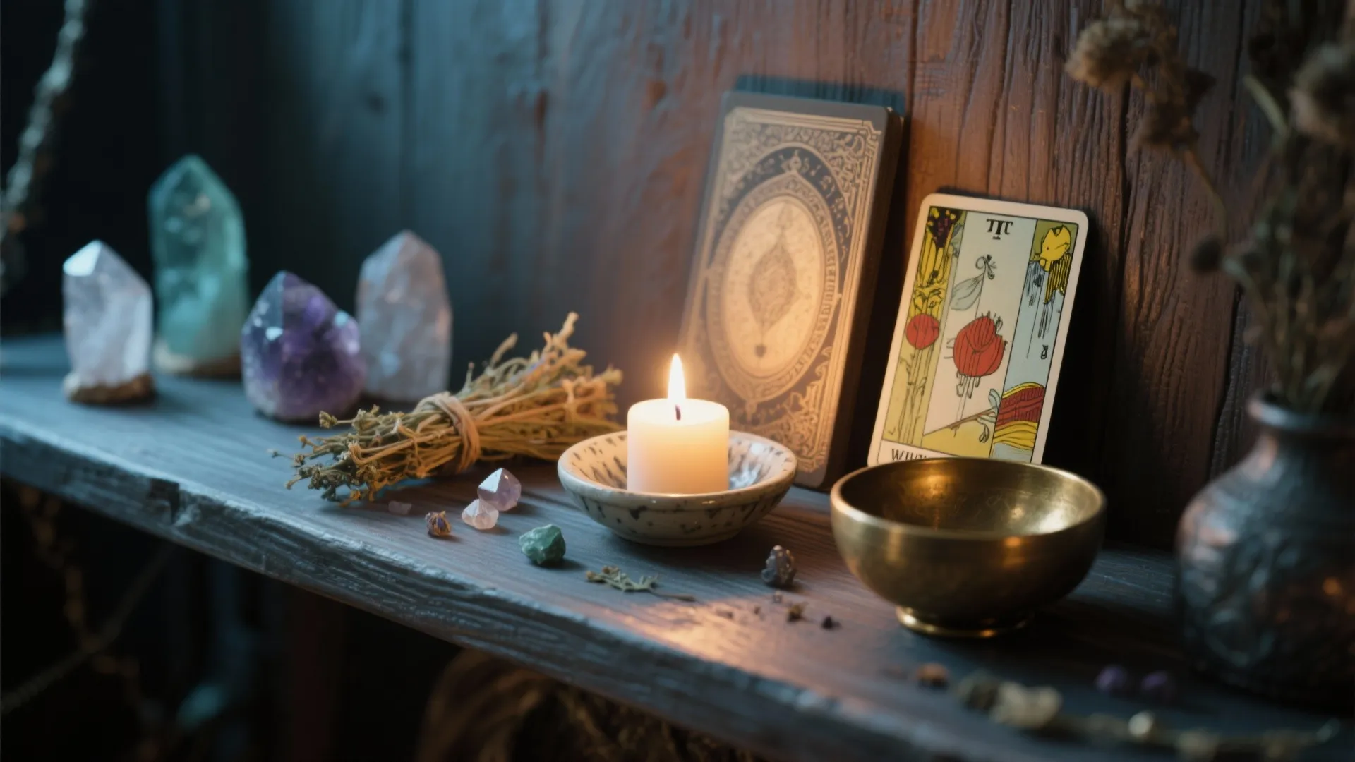 Wooden shelf with crystals a lit candle tarot cards a small bowl and dried flowers arrangement
