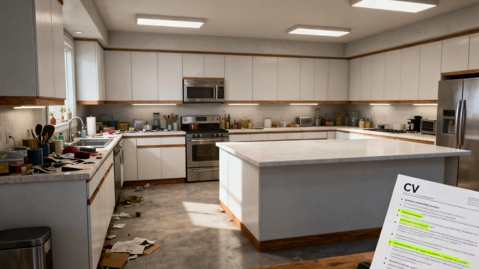 Before-and-after wide view showing a cluttered counter versus a clean L-shaped kitchen with more workspace.