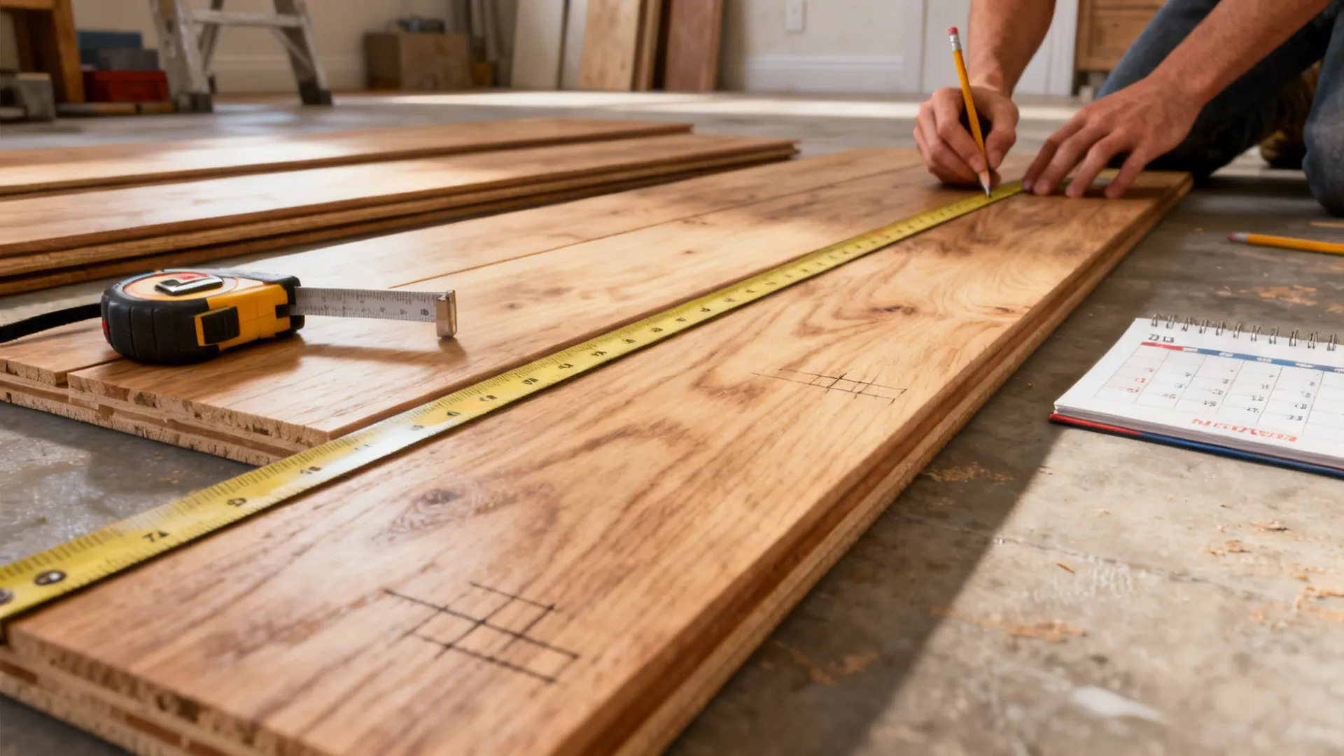 Wood panels acclimating in a room with measuring tools and markings.