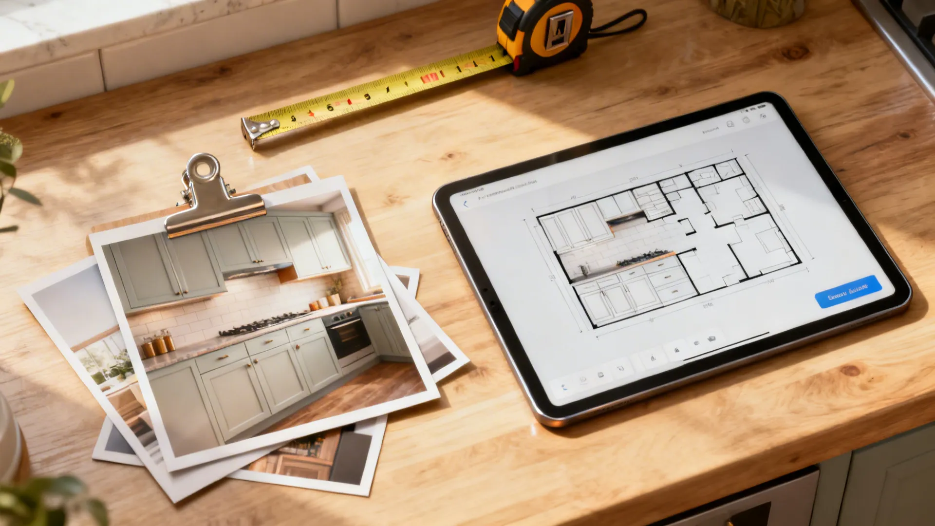 Measuring tape, photos and a tablet showing a kitchen floor plan mockup on a countertop