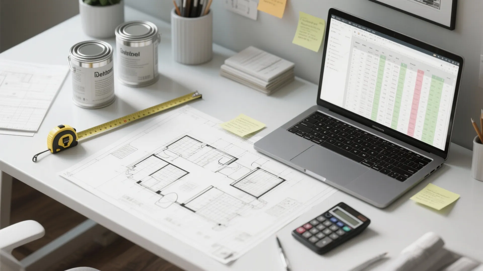 Desk with floor plan drawing laptop paint cans measuring tape and calculator for home planning