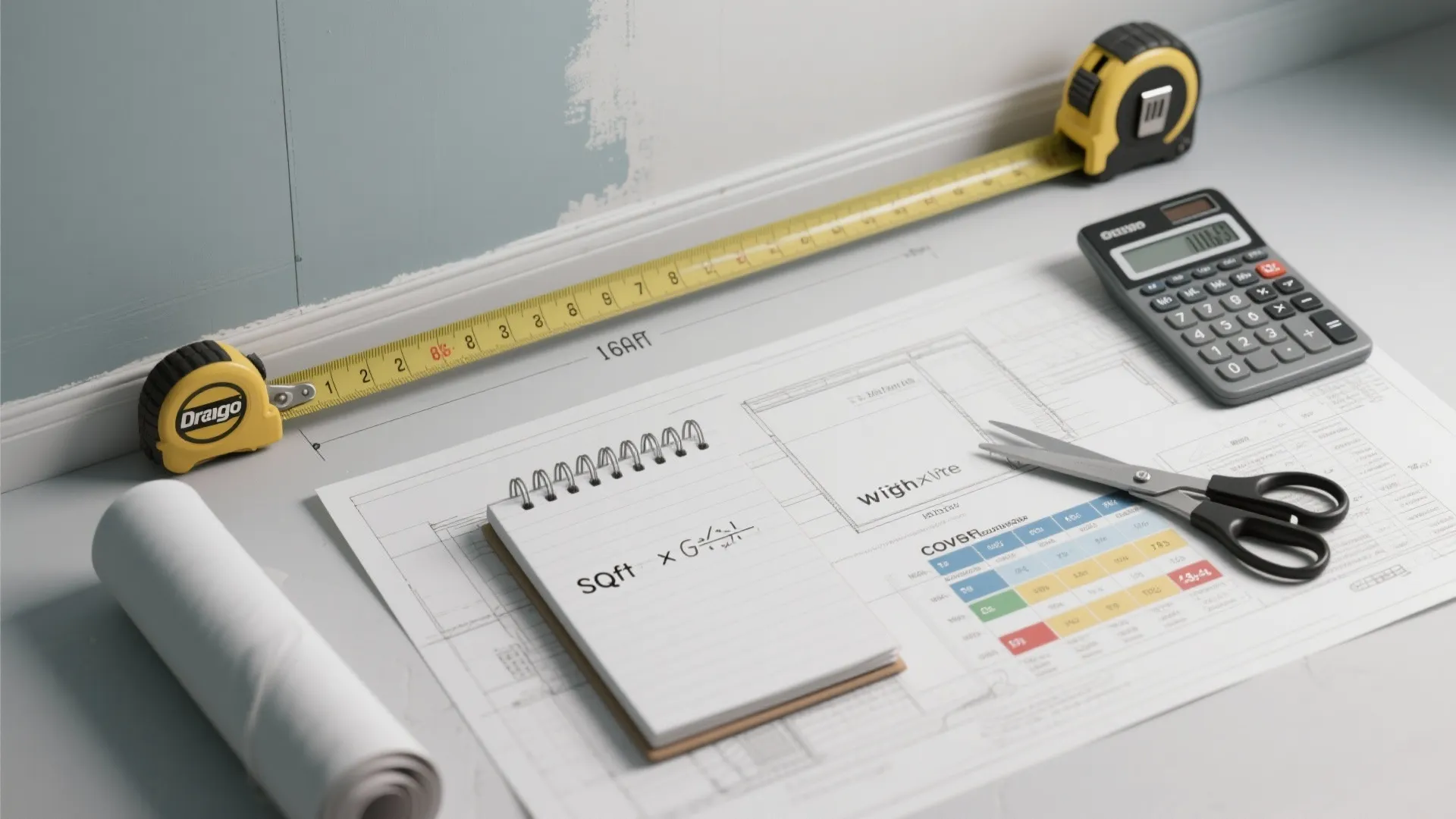 Top-down view of a room blueprint, tape measure, calculator and notes used to calculate paint coverage.