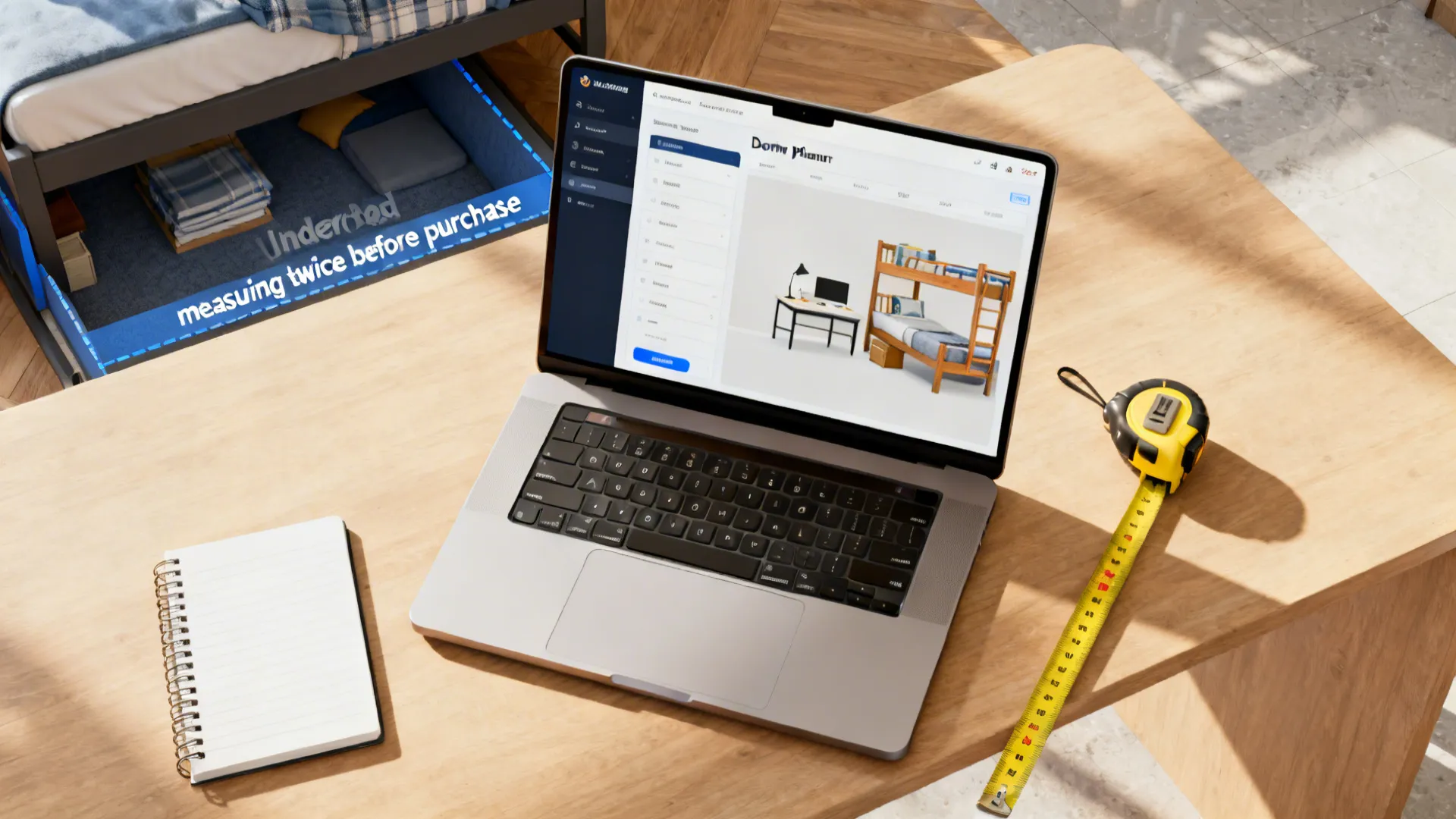 Top-down view of a laptop room planner with a measuring tape and notebook