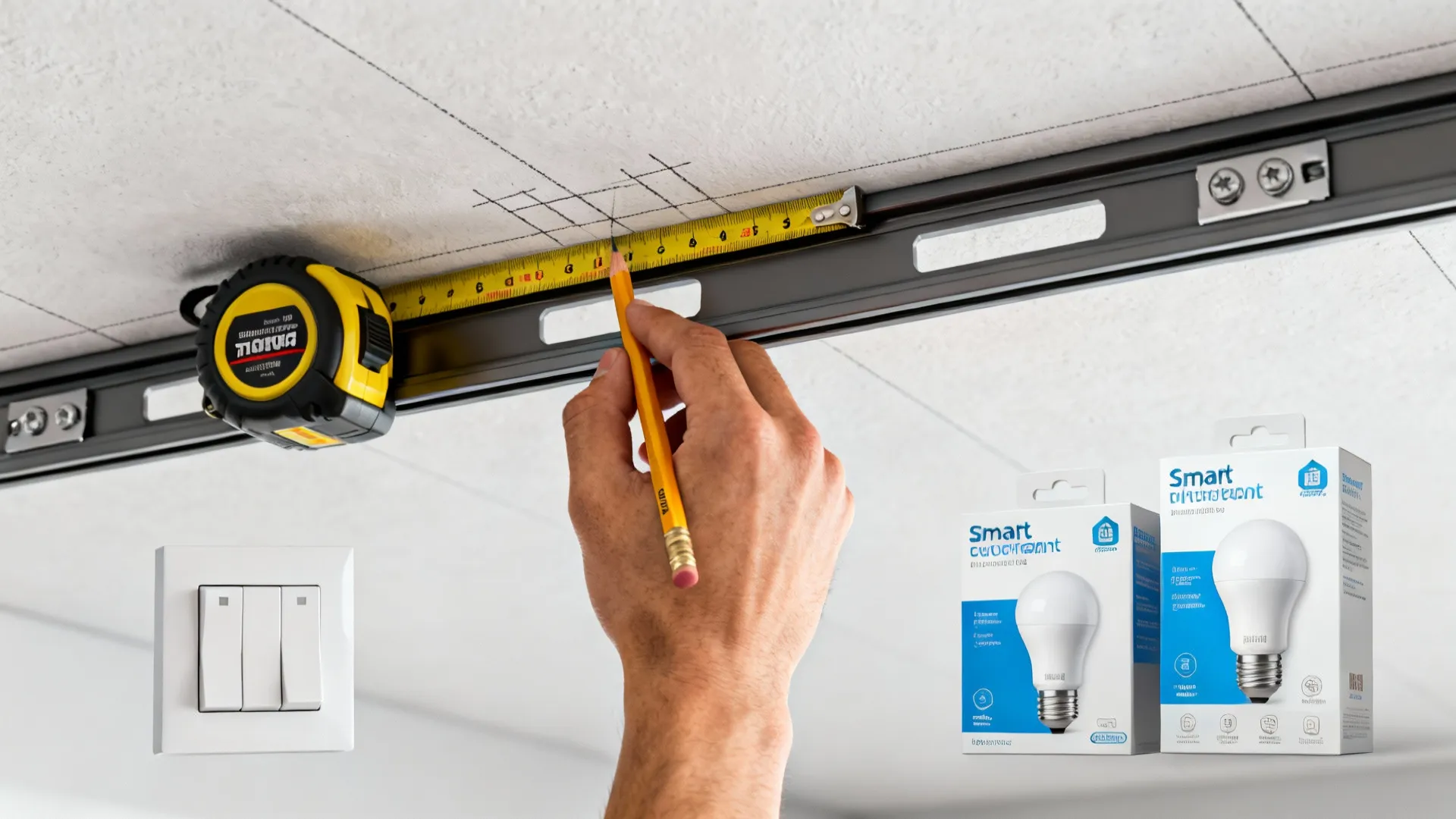 A hand using a yellow measuring tape and pencil to mark a white ceiling wall