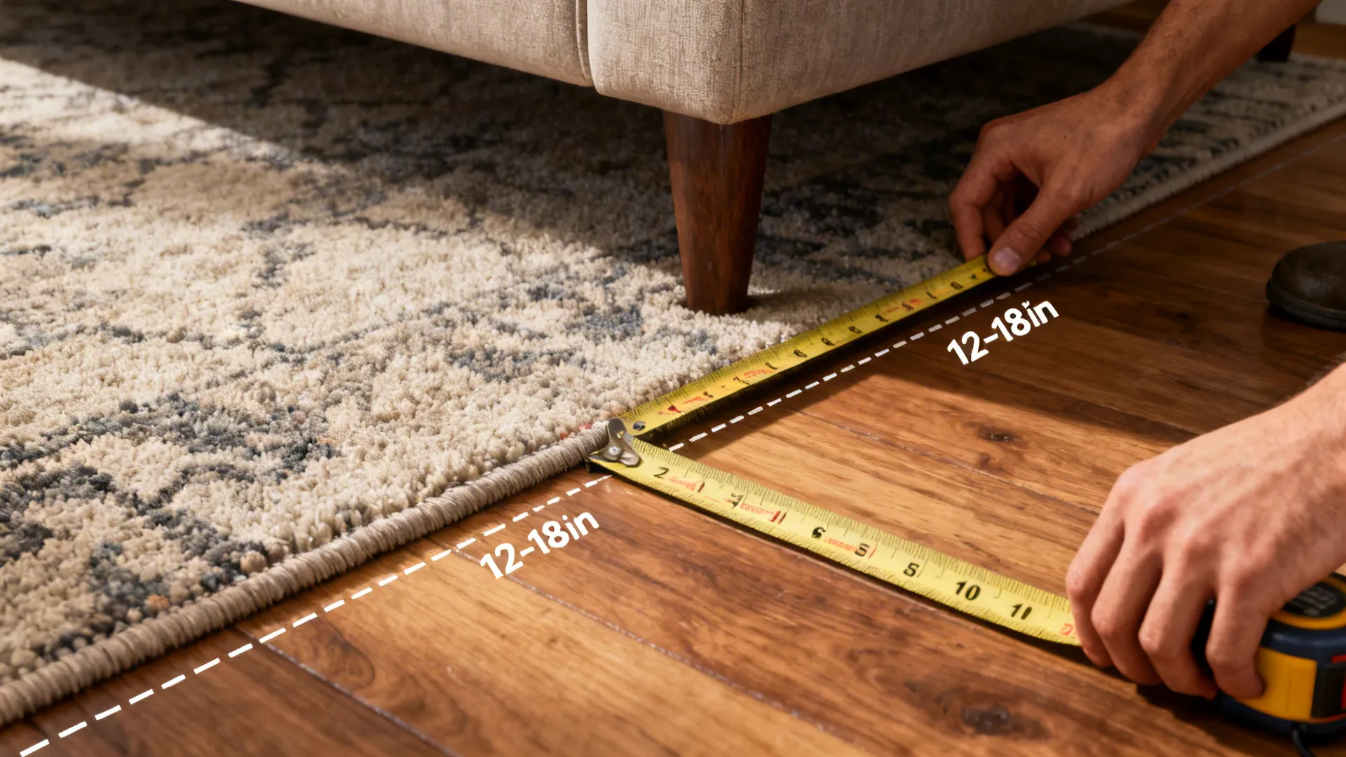 Person using yellow measuring tape to check spacing between a rug and a sofa wooden leg