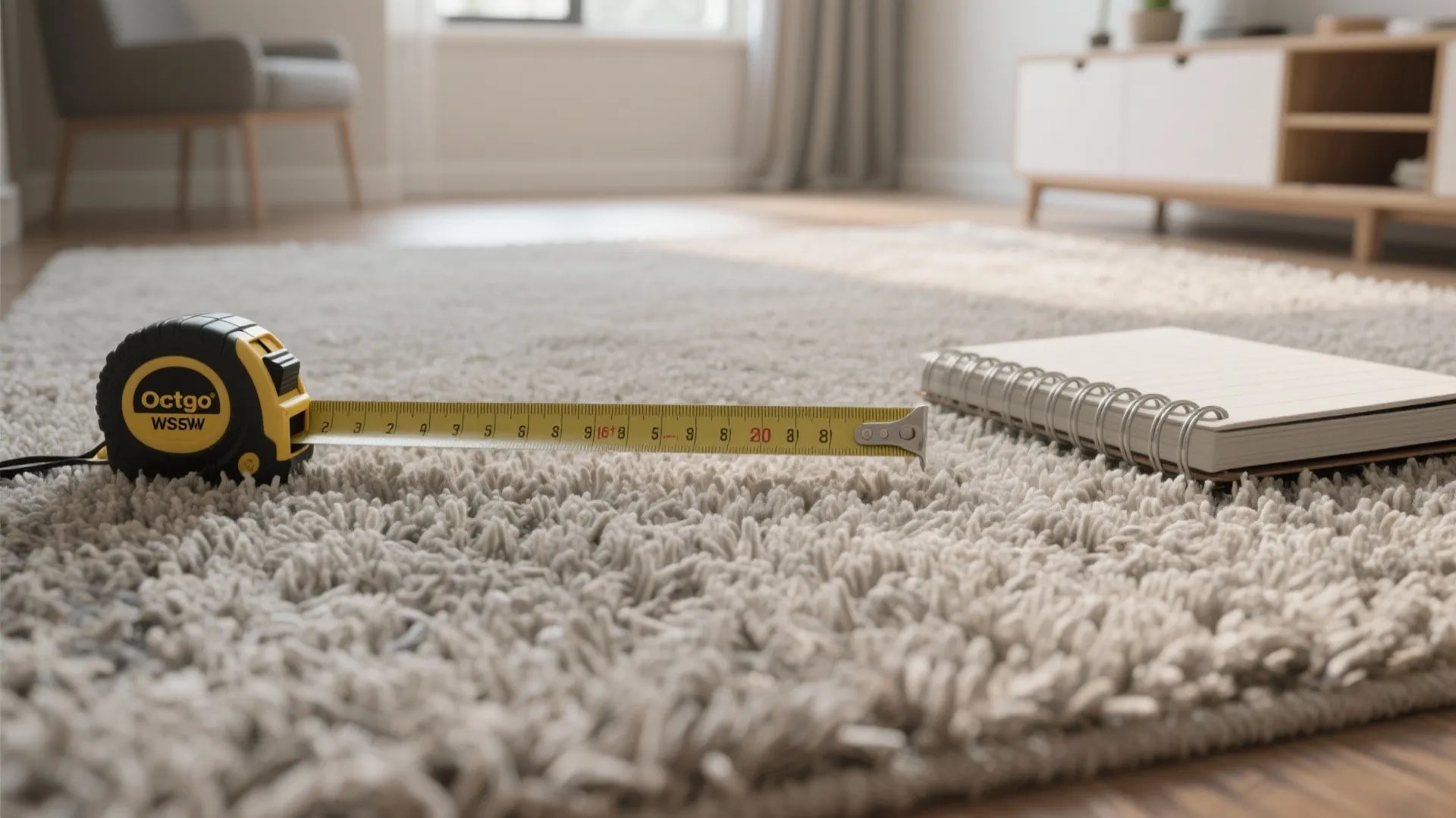 Measuring tape and notebook on carpet showing square footage measurement.