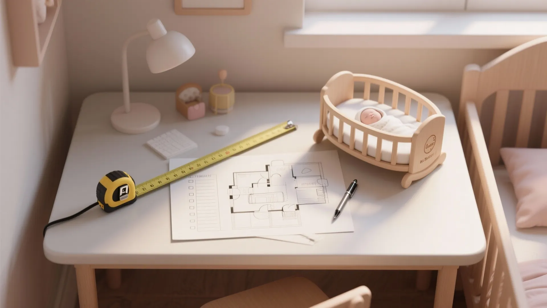 White desk holding house floor plan drawing yellow measuring tape pen and small baby bed model