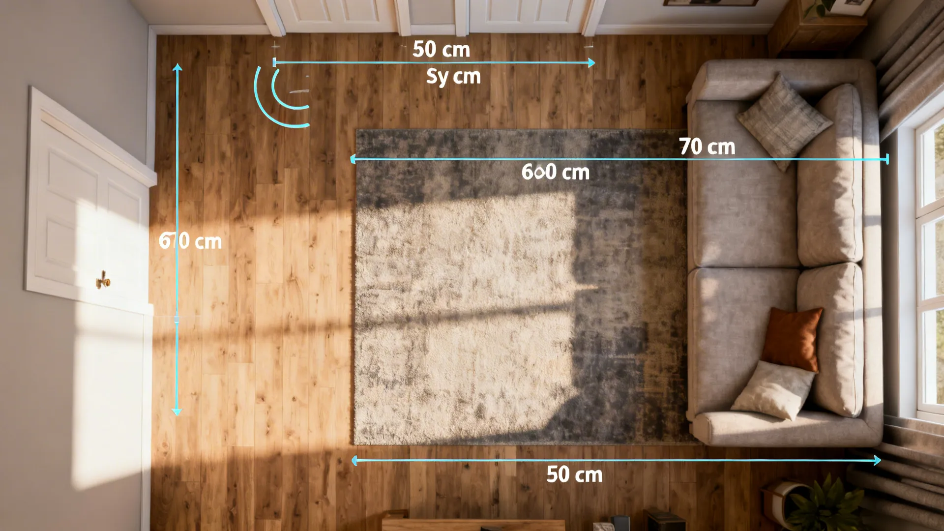 Top-down room plan showing furniture placement with 60–90 cm circulation paths and door swings.