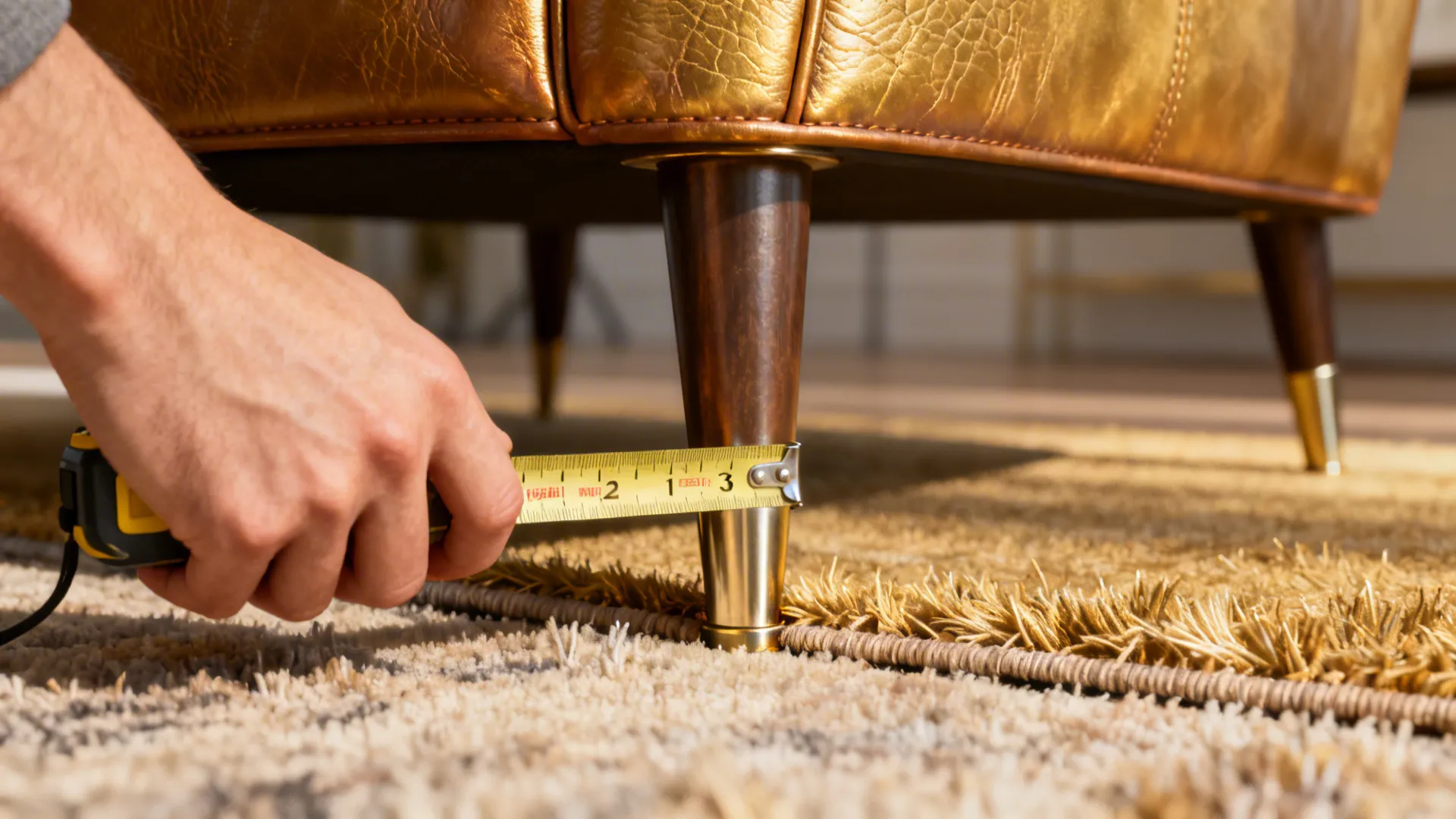 A person using a yellow tape measure to check the width of a furniture leg