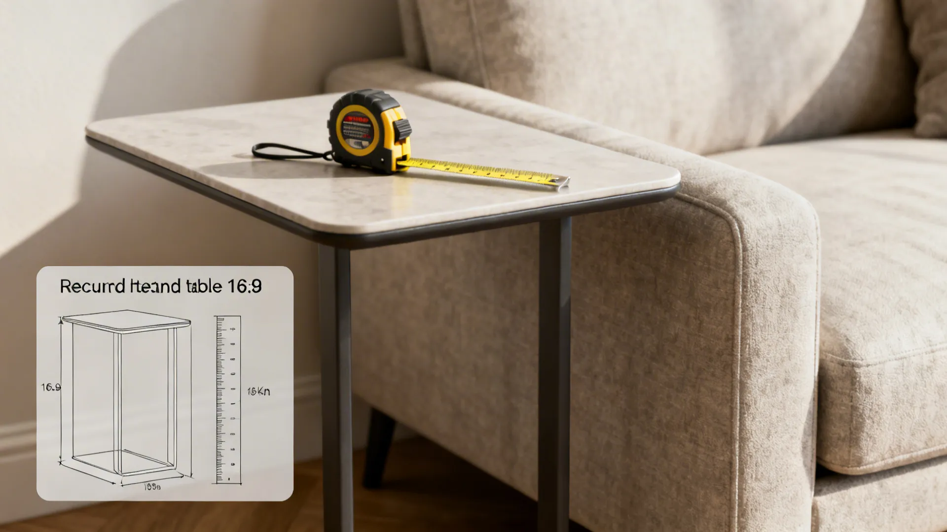 Measuring tape and ruler indicating recommended end table heights and walkway clearances next to a sofa.