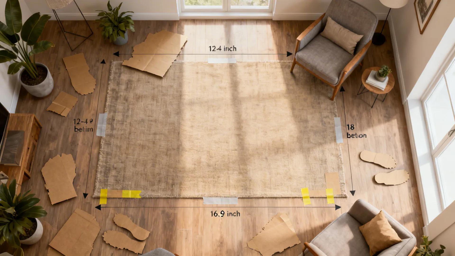 Top-down mockup showing rug measurements and clearances with kraft paper test pieces
