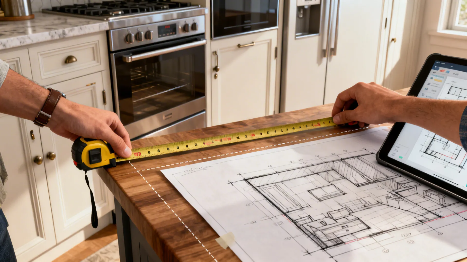 Designer measuring kitchen clearances with tape measure and room planner on tablet.