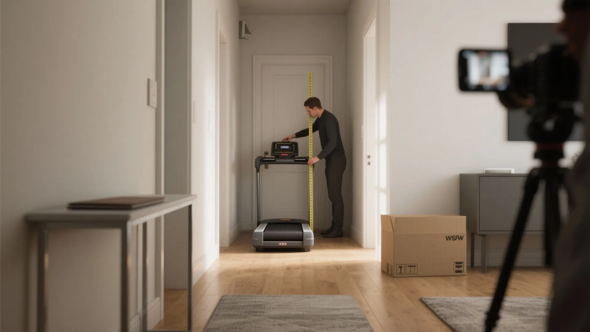 Man using yellow measuring tape to check height of black treadmill in a white hallway