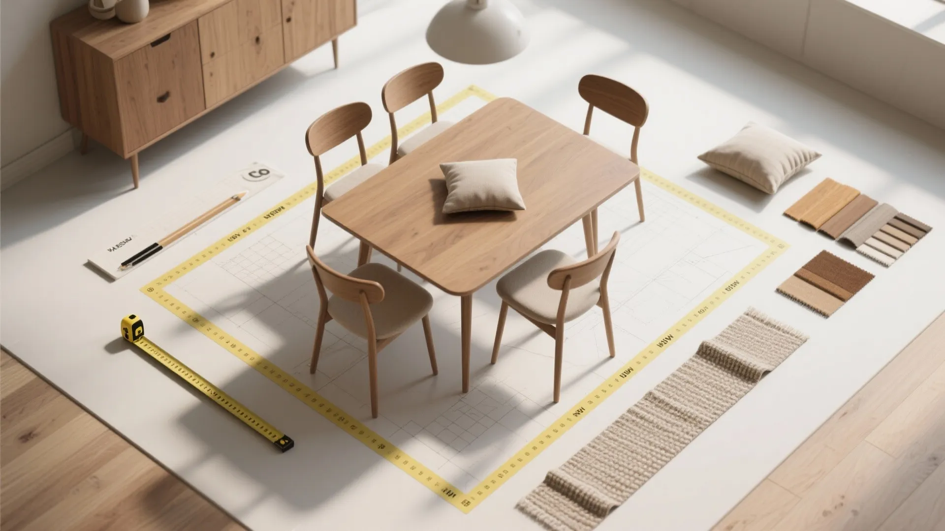 Top-down planning flatlay with measuring tape, floor tape outlines, slim chair cutouts and cushion swatches for small dining layout