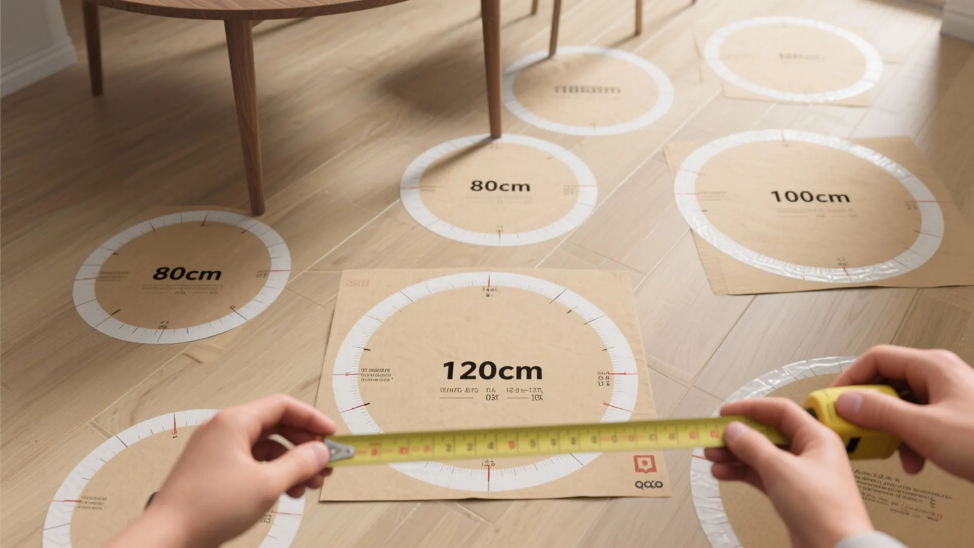Person hands use yellow tape measure on round paper templates over a light wood floor