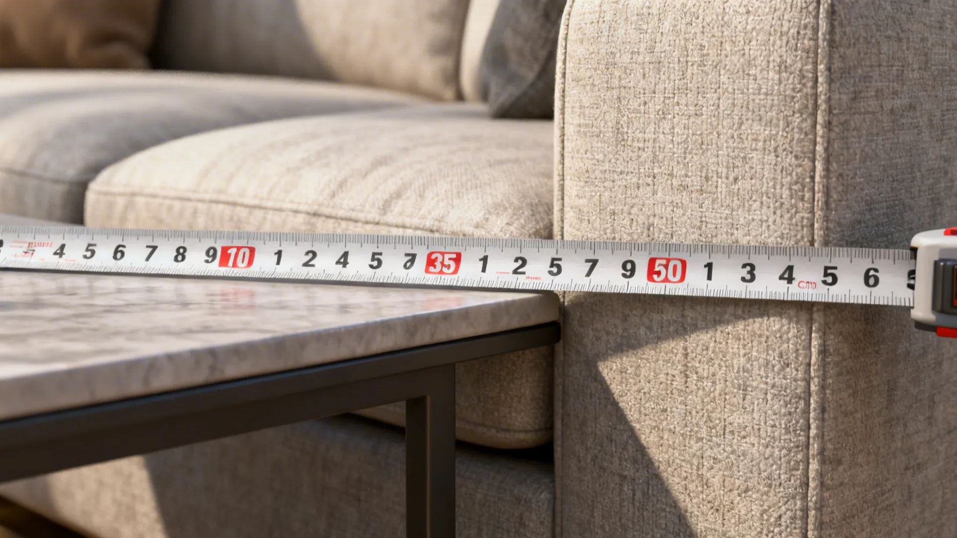 Measuring tape showing sofa-to-table distance of about 35–45cm