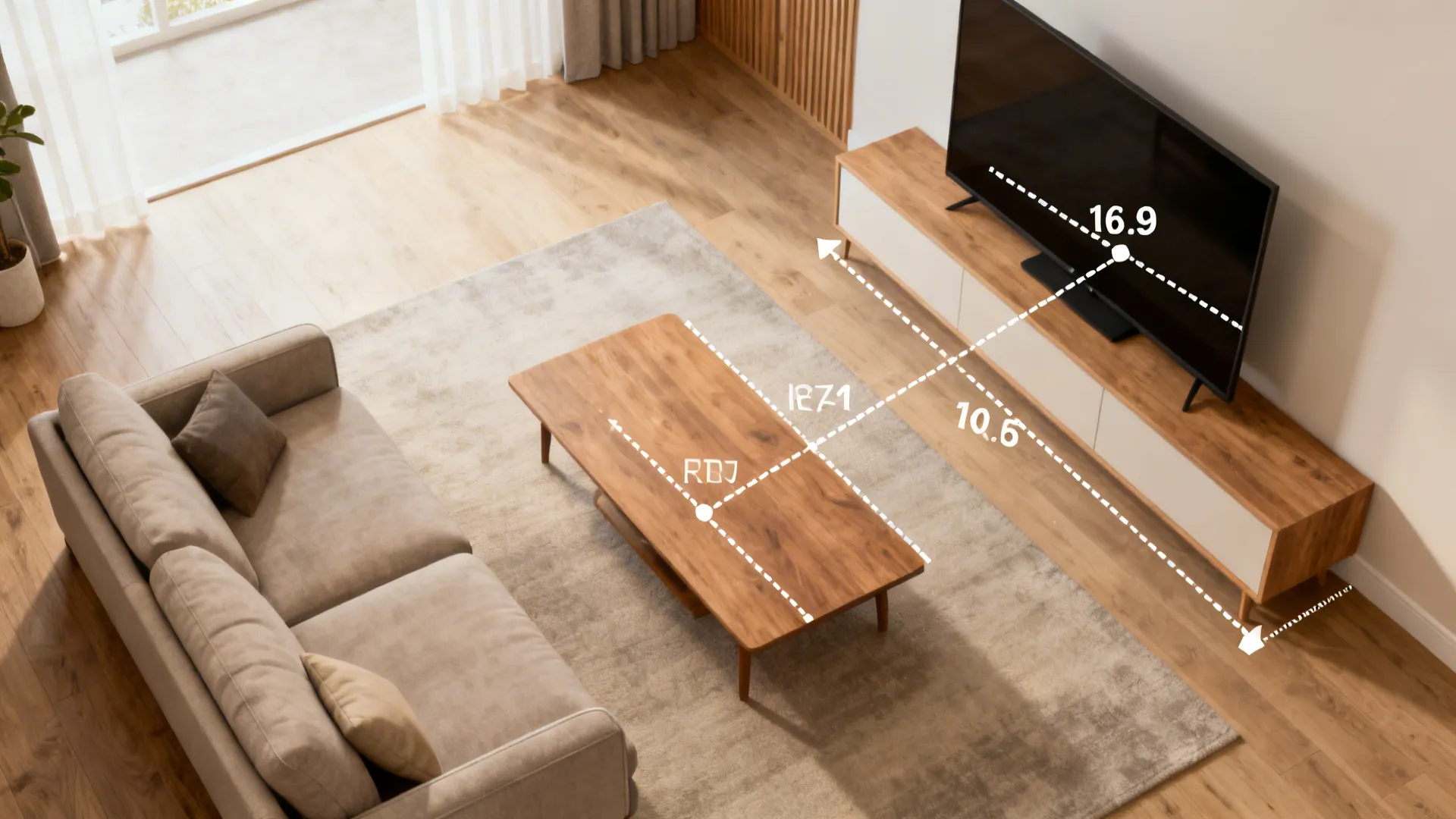 Top-down living room plan showing measuring lines from seating to TV with distance ratios.