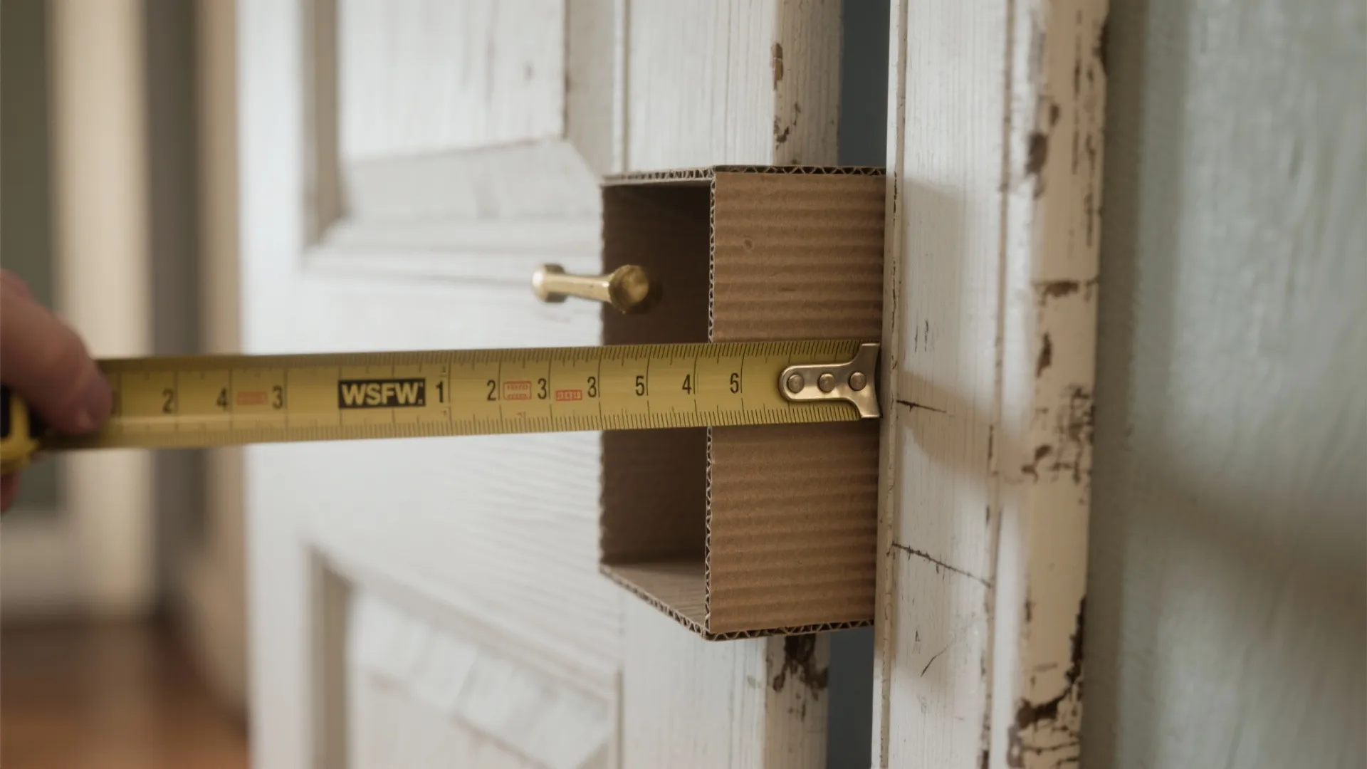 Using a yellow tape measure to check the width of a white wooden door frame opening
