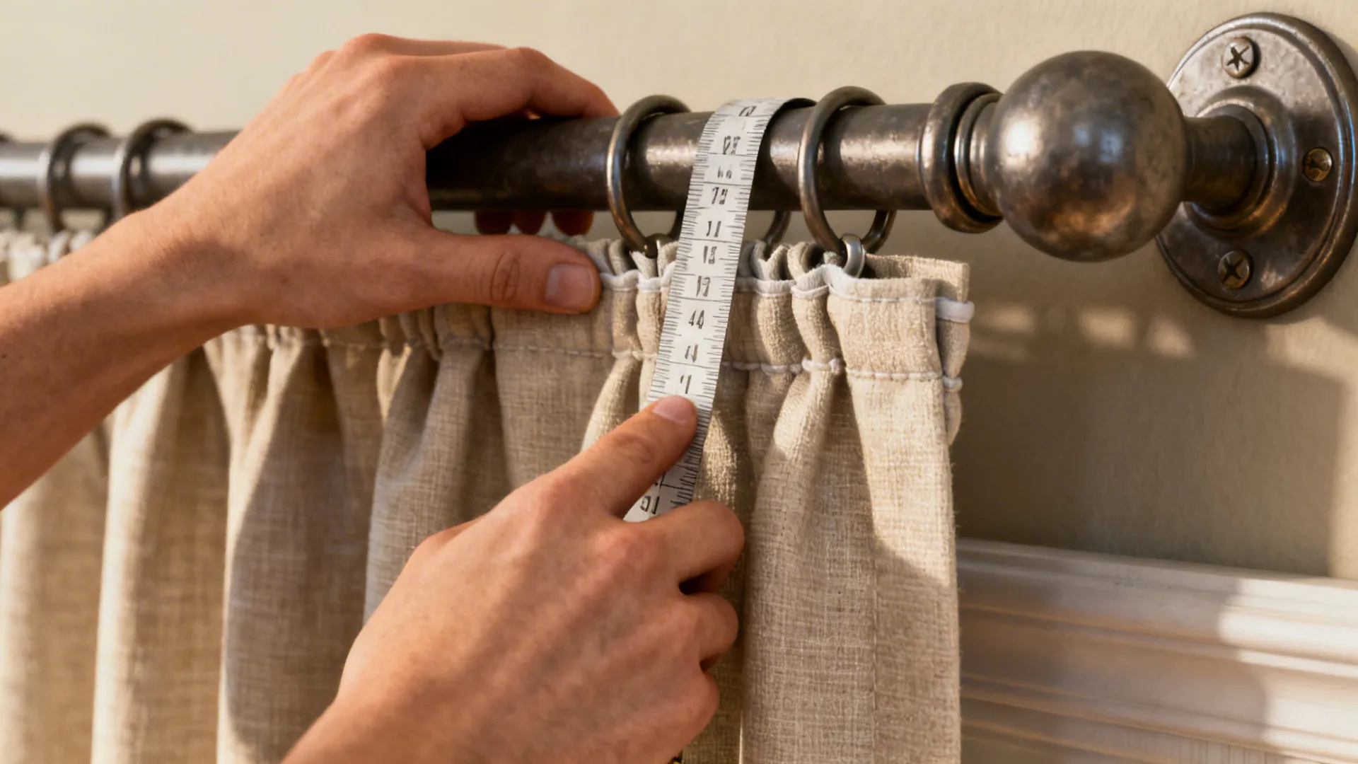 Person using measuring tape to check the length of beige curtains on a metal rod