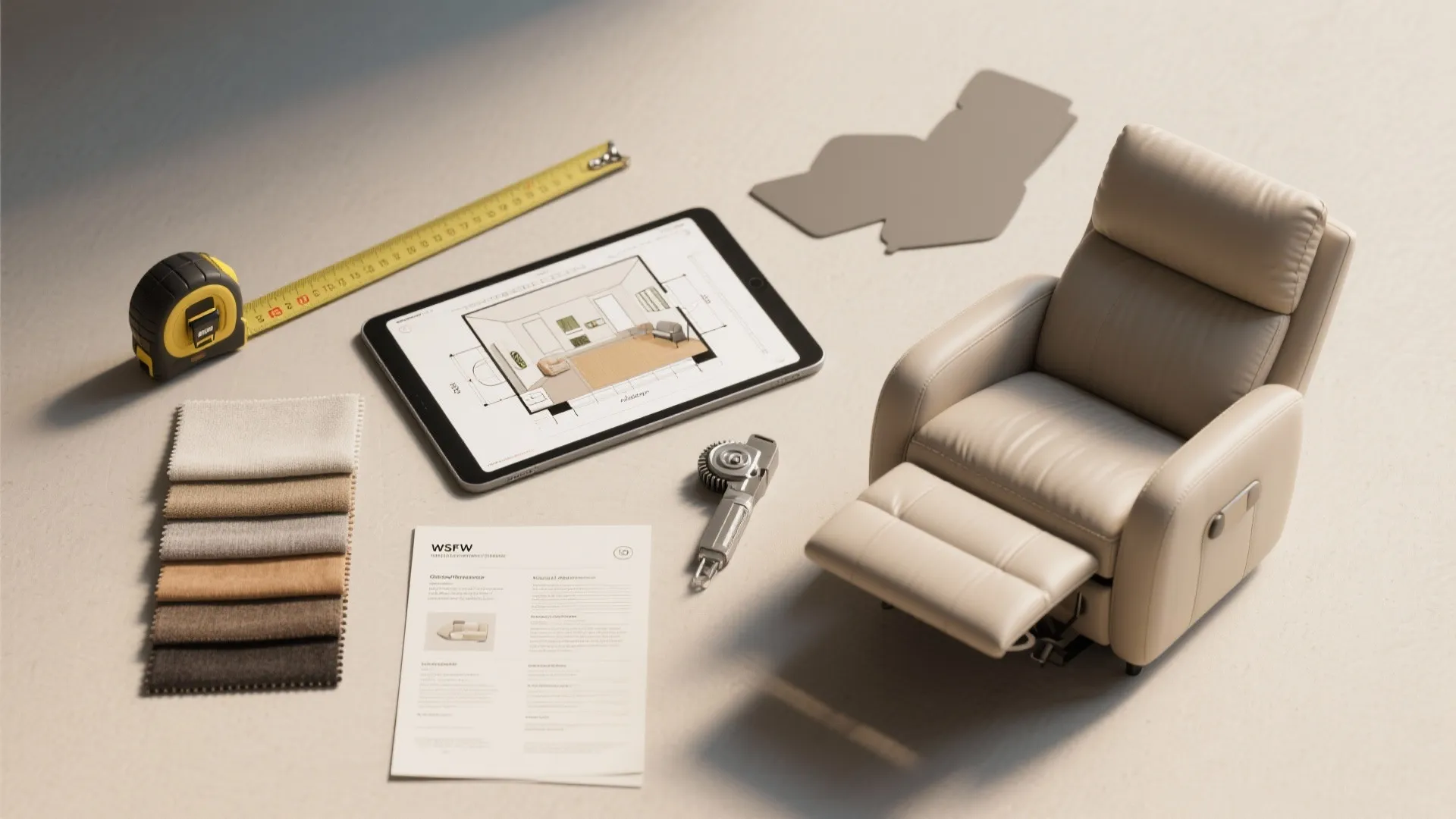 Tablet showing room layout next to a tape measure fabric samples and a small sofa