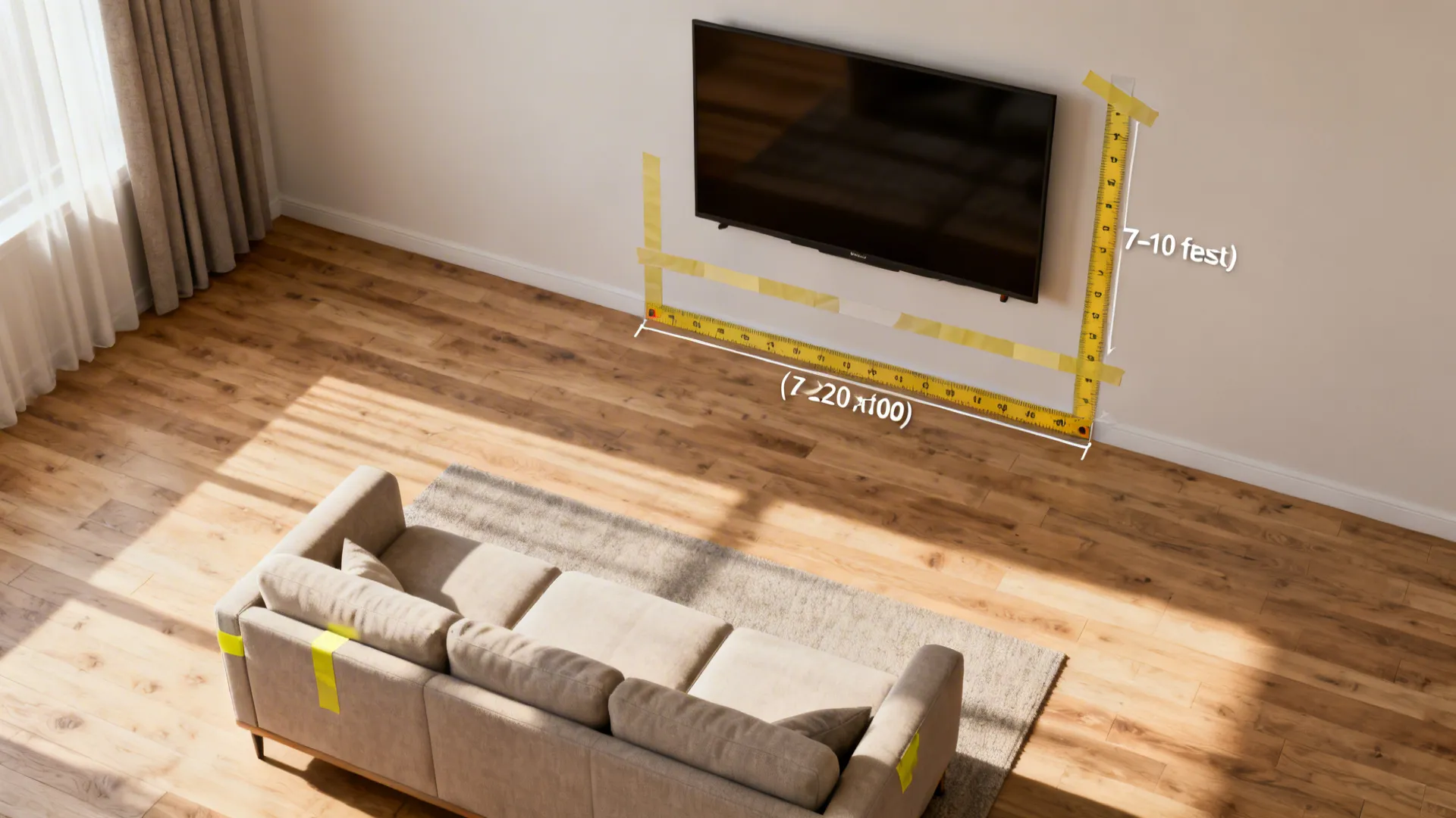 Top-down mock-up of a living room with painter's tape and tape measure showing ideal TV viewing distance.