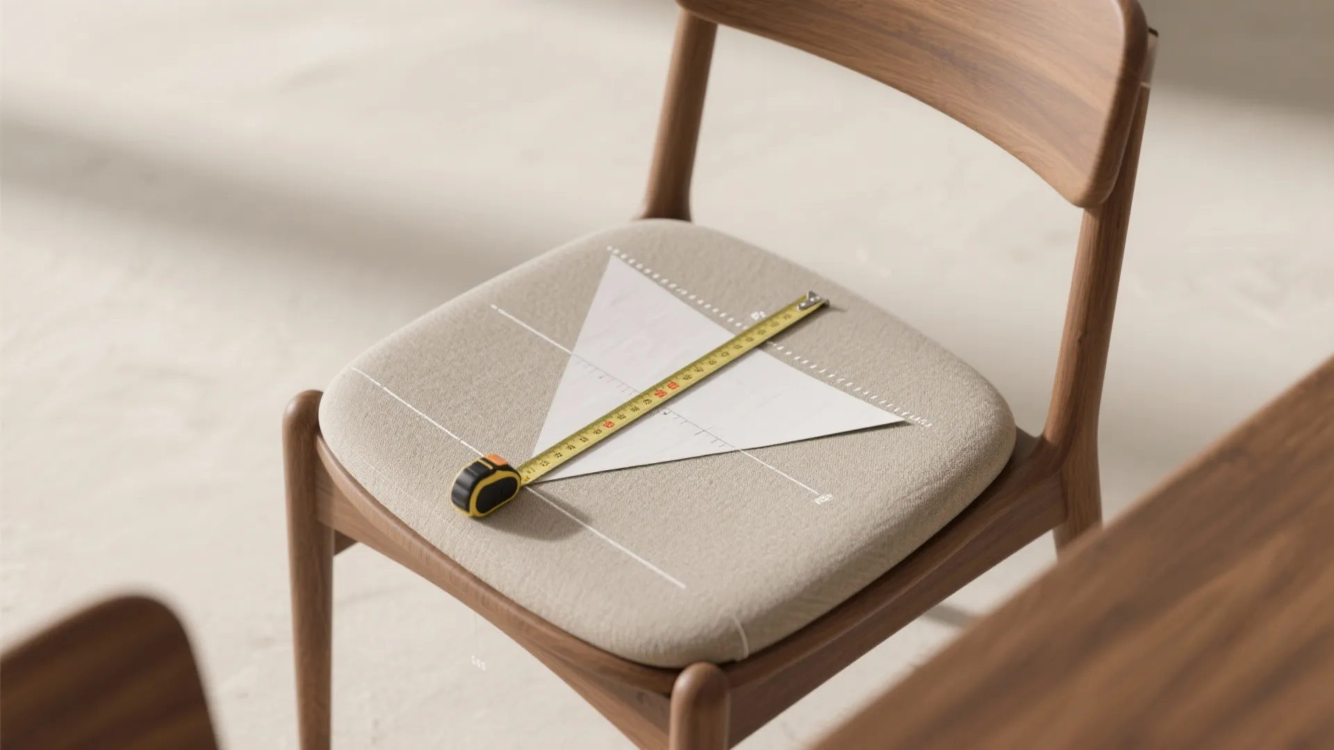 Yellow measuring tape on a wooden chair seat pad used to measure furniture for home