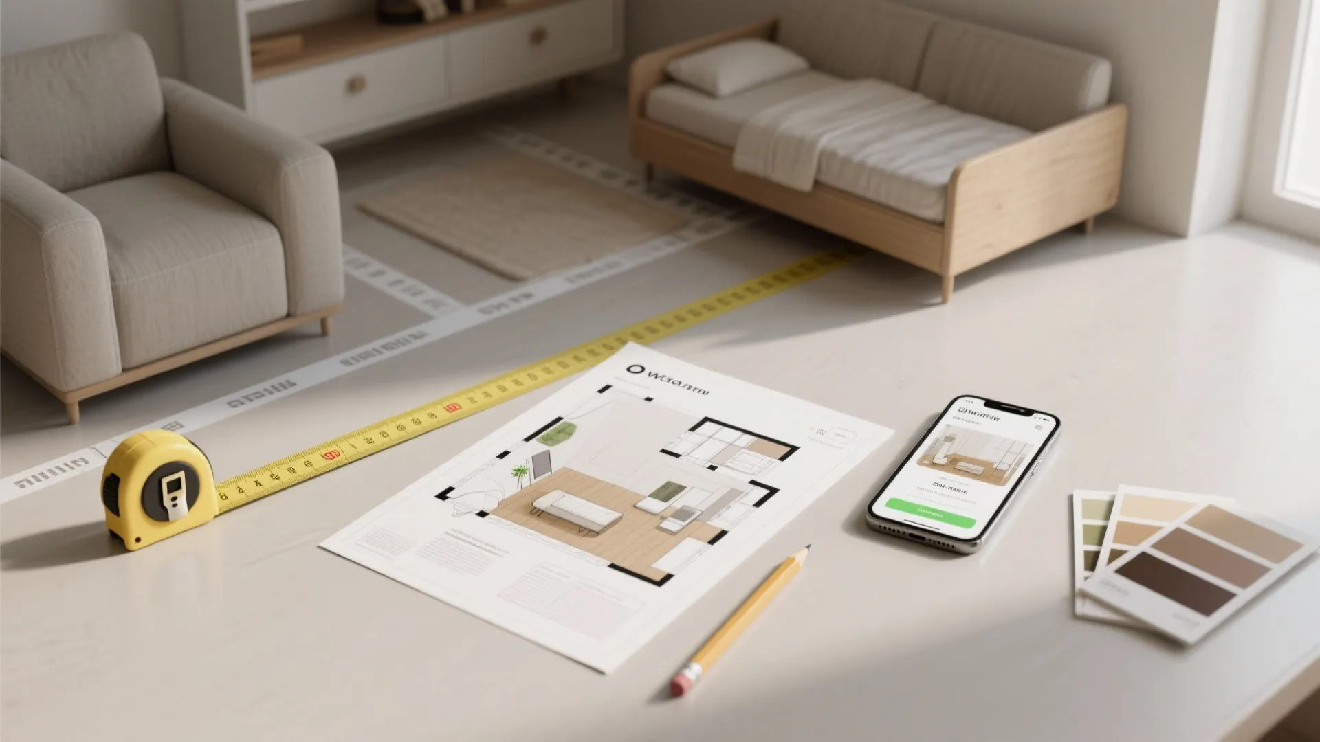 Interior design planning with floor plan drawing tape measure phone and color samples on table