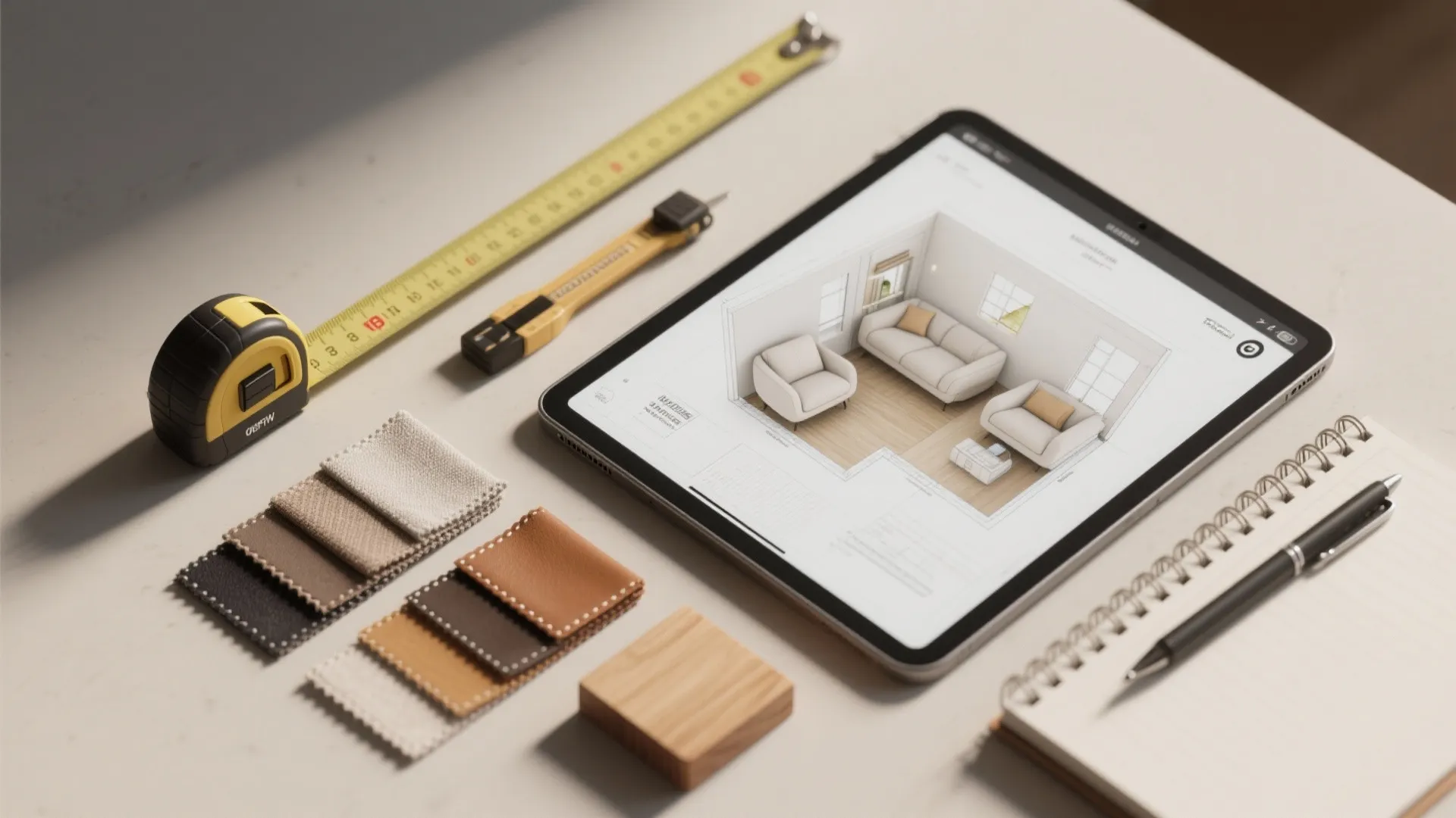Flatlay of measuring tape, swatches and tablet with 3D floor plan for planning recliner scale in small rooms.