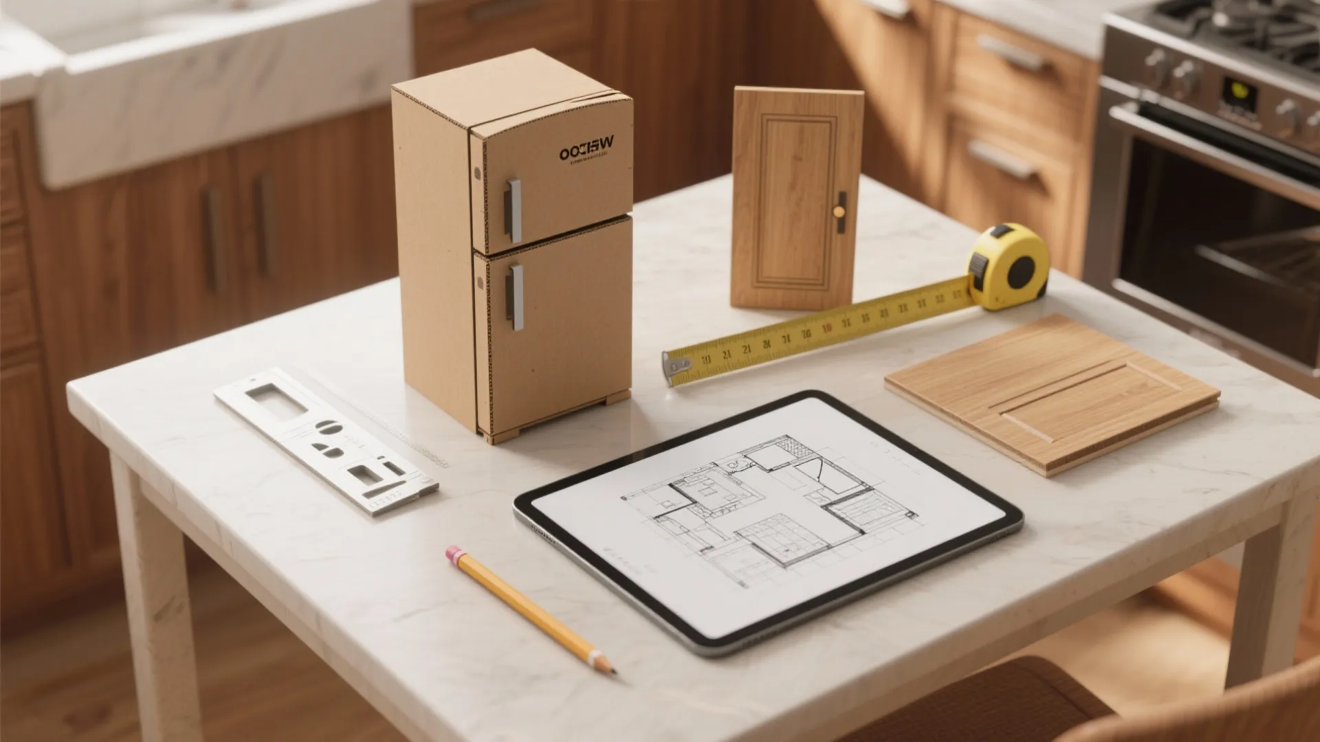 Tablet showing room layout next to cardboard model and measuring tape on a white table