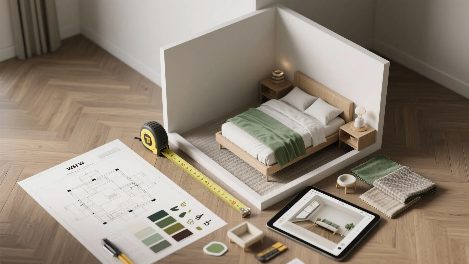 Small bedroom model with floor plan tape measure tablet and fabric samples on wood floor
