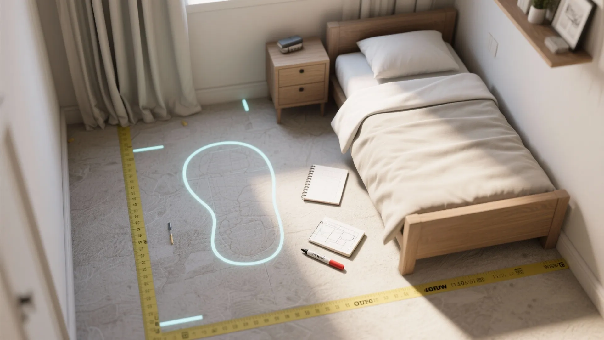 Top-down view of a tiny bedroom floor with tape outline marking a bed footprint and a planning kit.