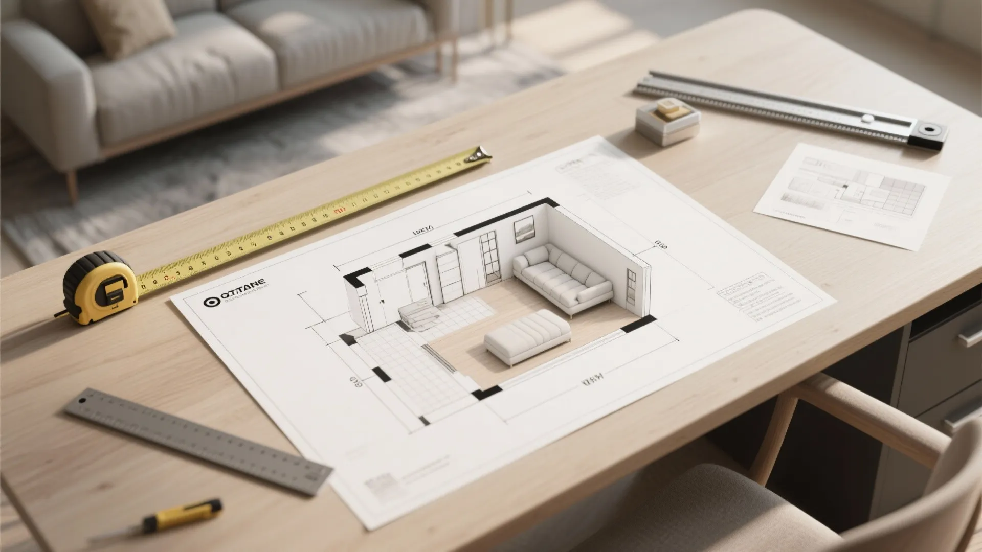 Interior design drawing on a wooden desk with measuring tape and ruler for home planning