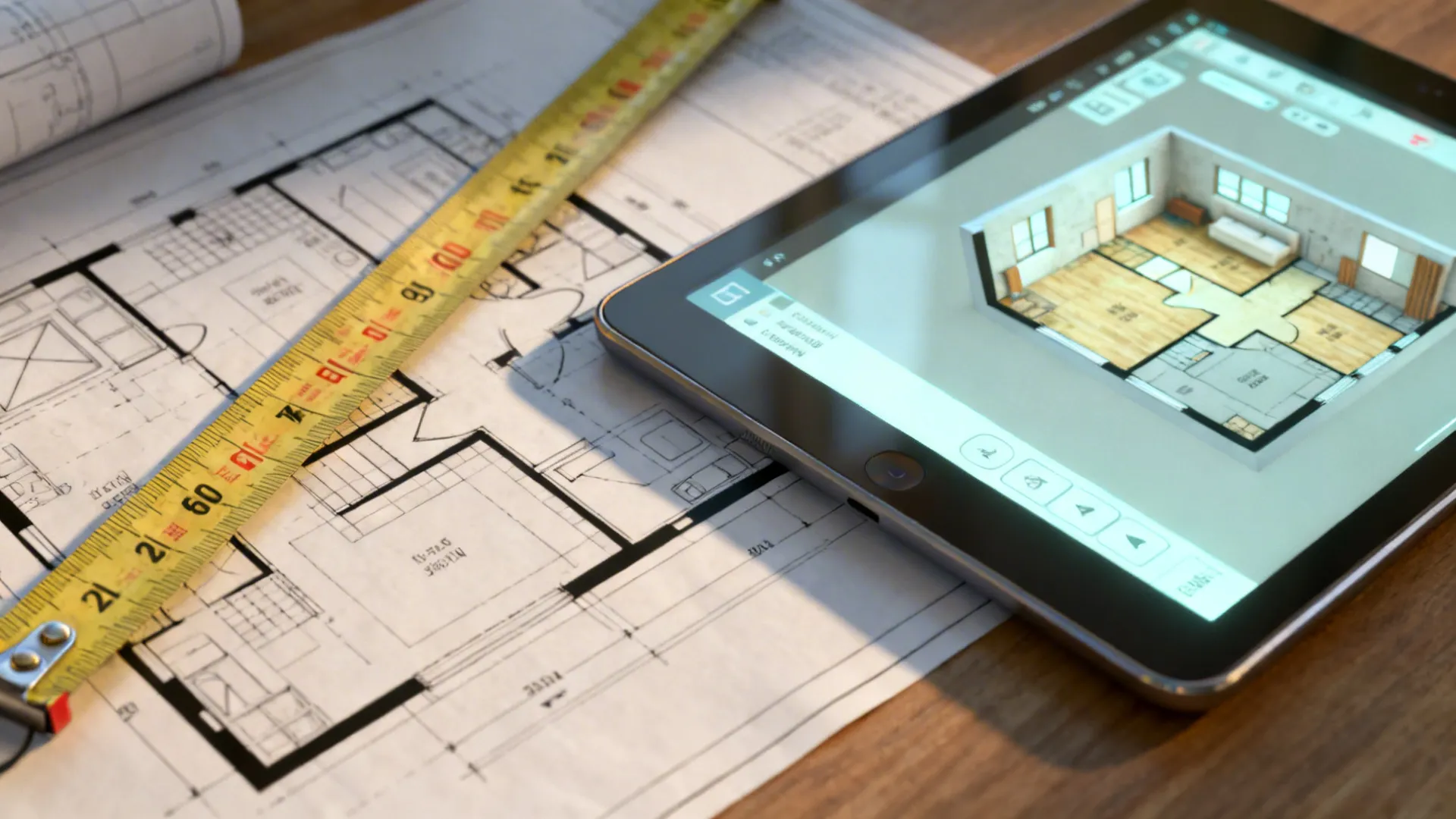 Close-up of a measuring tape on a floor plan with a tablet showing a 3D room planner.