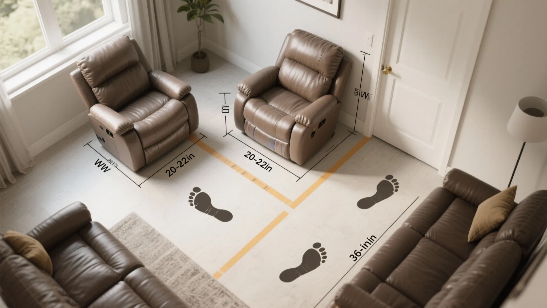 Top-down diagram view showing recliner footprints and clearance measurements in a small living room.