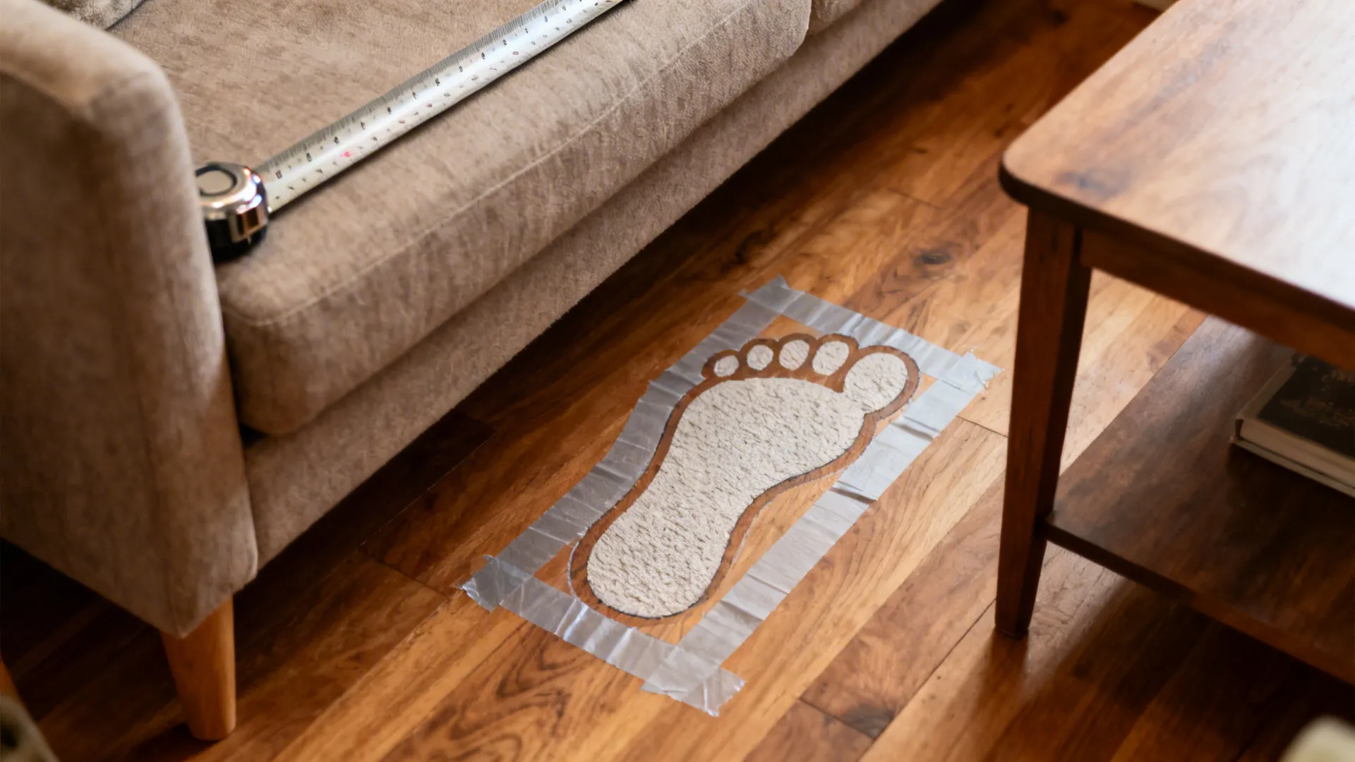 Measuring tape on a sofa arm and taped floor outline showing side table footprint for scale.
