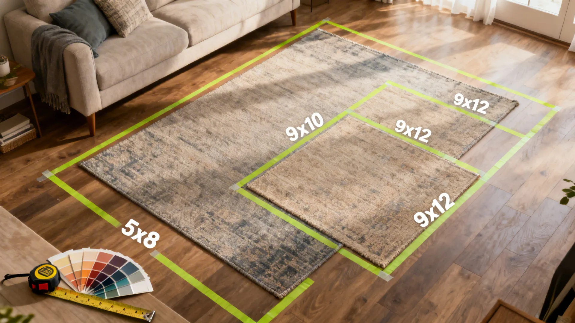 Living room floor with green tape markings showing different rug sizes next to a sofa set