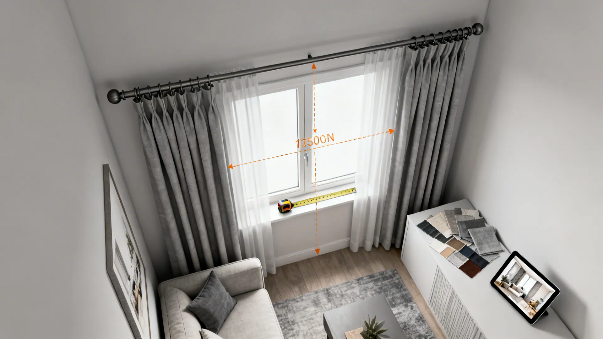 Top-down digital room planner view showing curtain measurements and high-wide rod placement in a small living room.