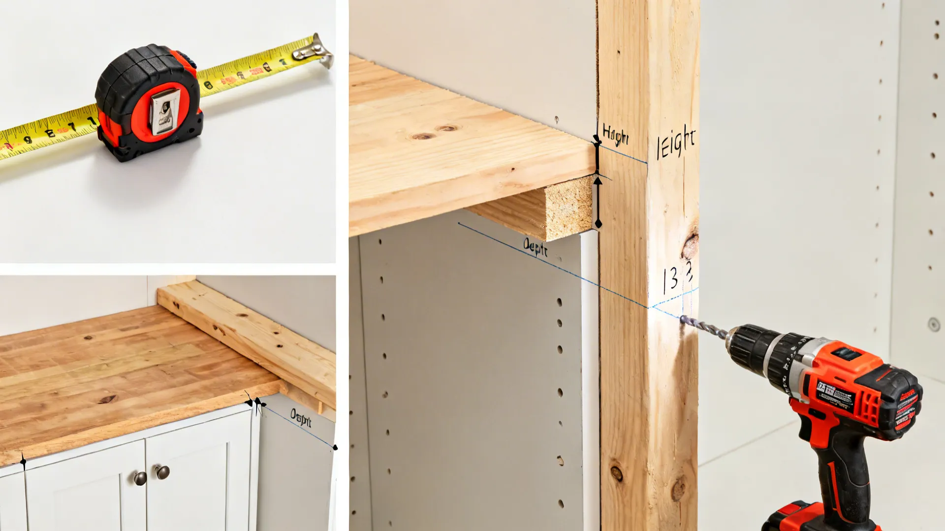 Measurement and installation steps with tape measure, ledger board, and stud markings.