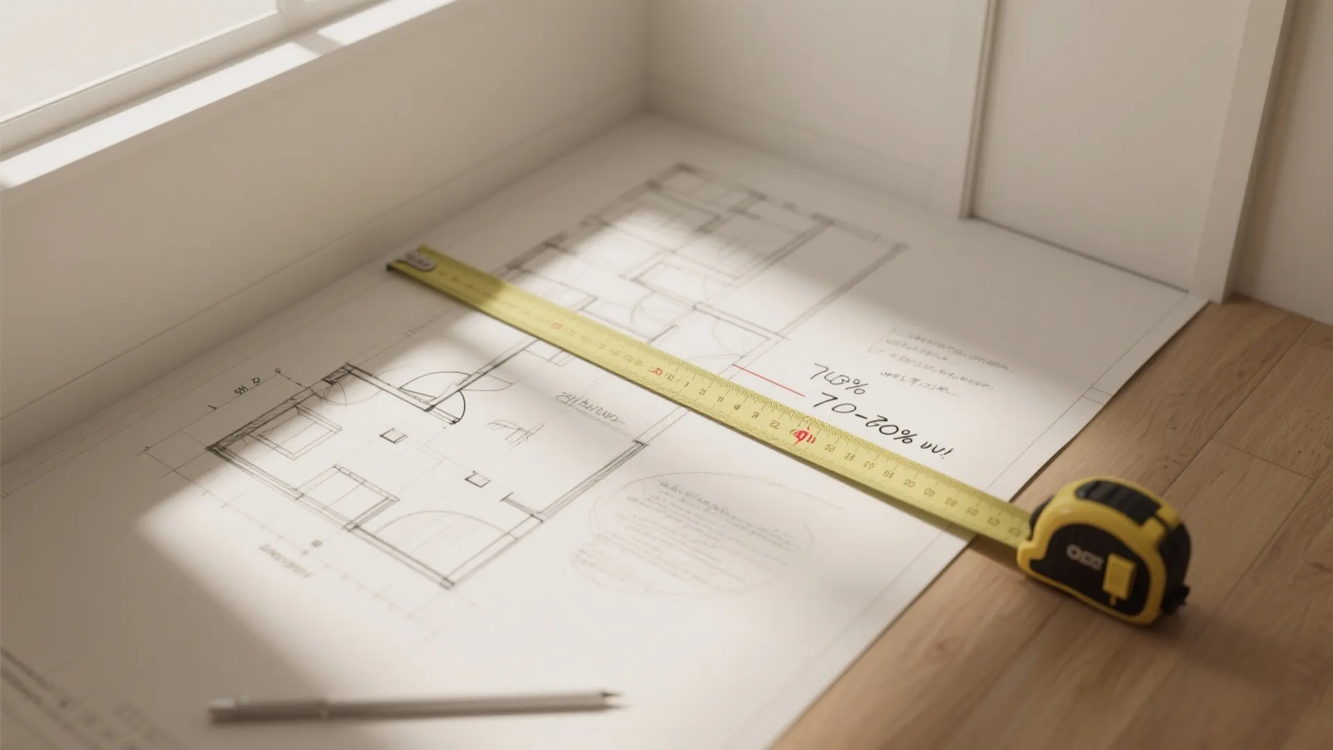 Yellow measuring tape lying on a hand drawn house floor plan with a white pencil